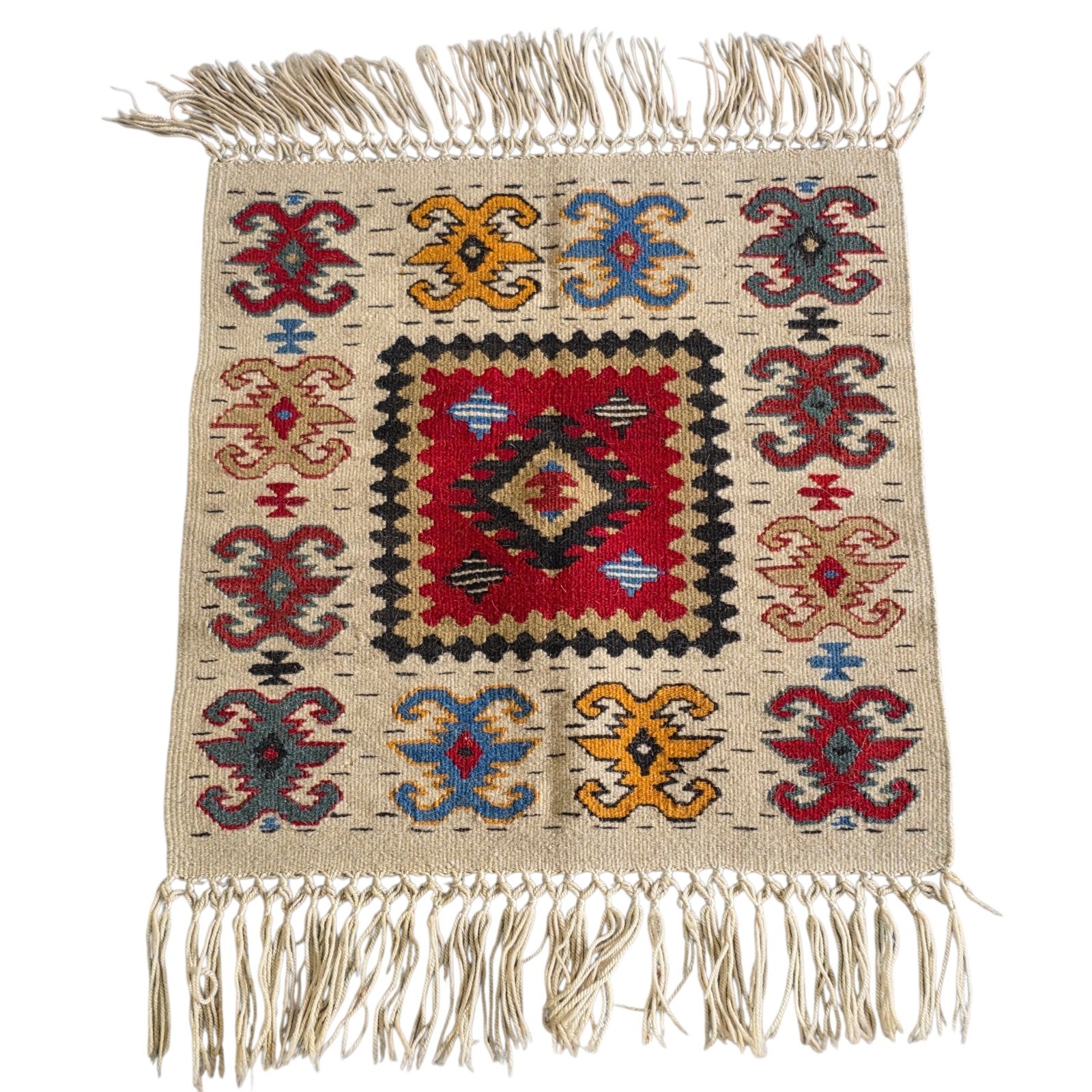 Vtg Prayer Rug, Wool, Hand Knotted, 26″ x 18″ Kiliam Flat Weave Fringe