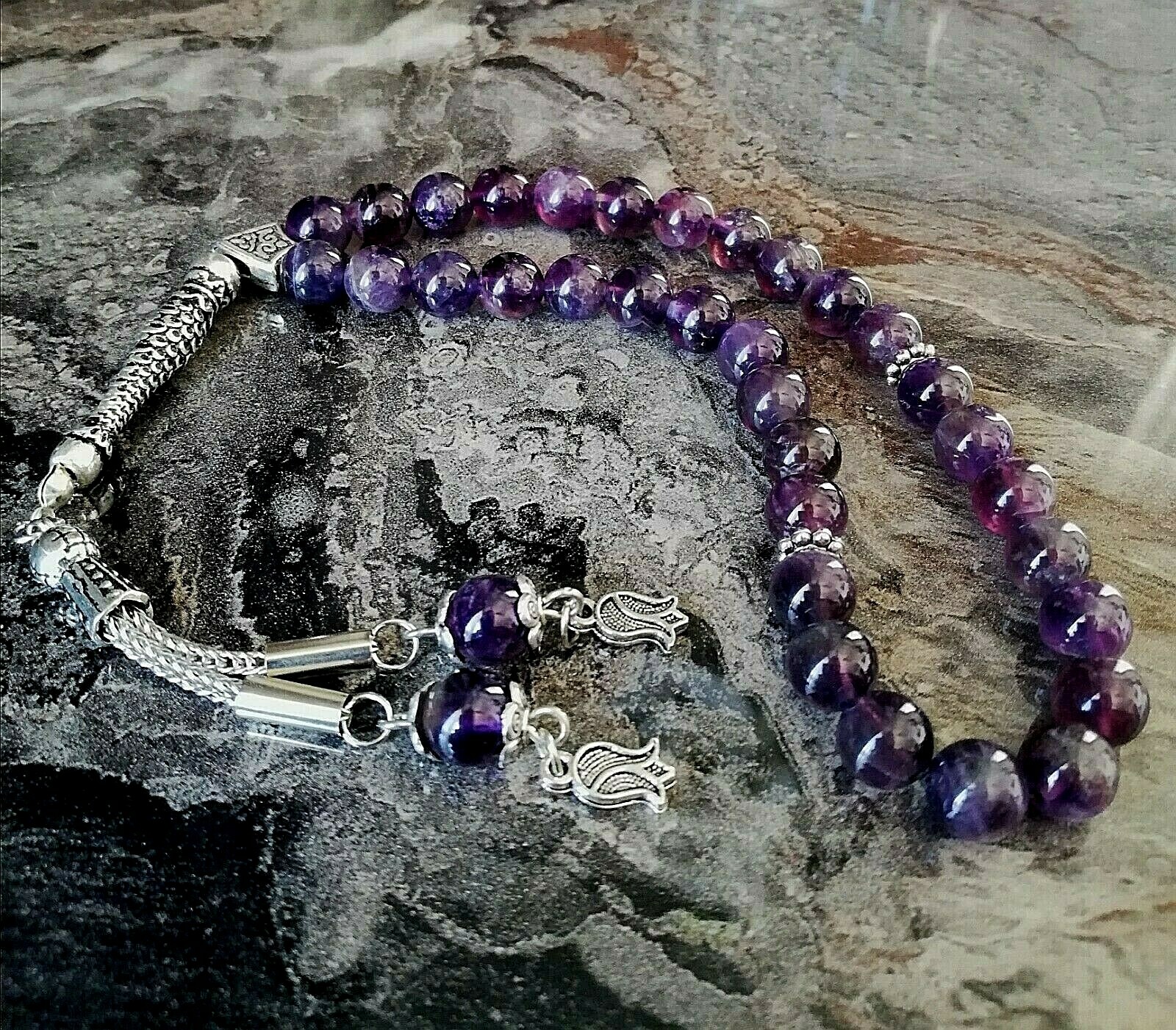 REAL Amethyst Stone Islamic Prayer 33 beads, Tasbih, Misbaha, Rosary Tasbeeh 8mm