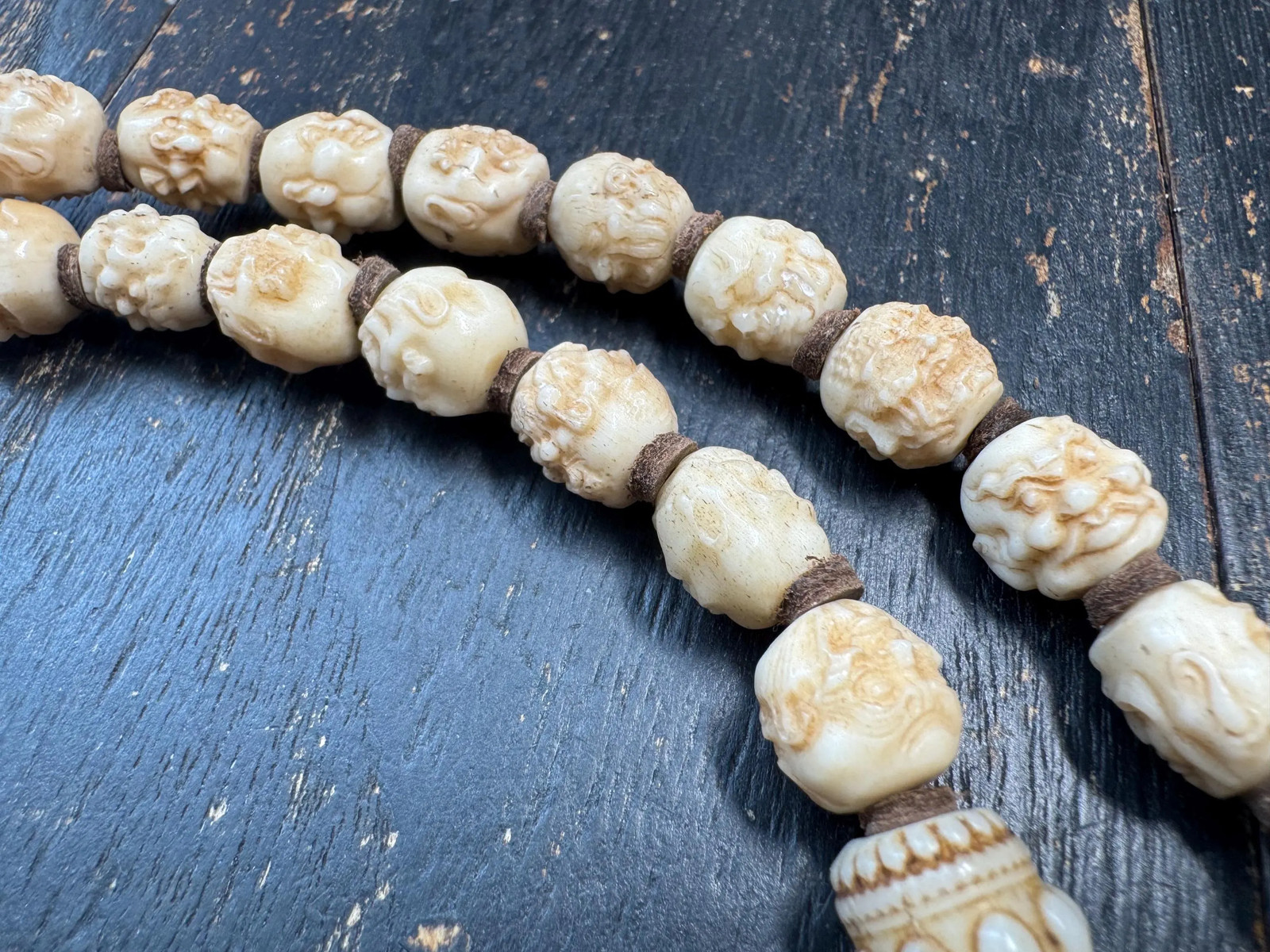 54 Bead Hand Carved Arhat Mala Necklace | Yak Bone Face Beads | 18 Arhat Inspir