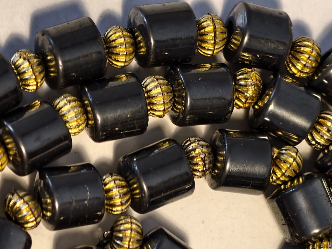 Unique 66-Bead Misbaha with Hematite Style Cylinders, Gold Spacers, Large Tassel