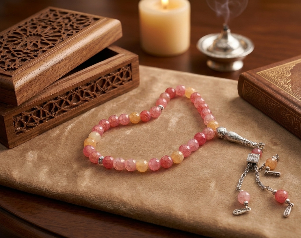 Pink Peach Agate Tasbih 33 Prayer Beads Misbaha Silver Tone Kaaba Charm Gift