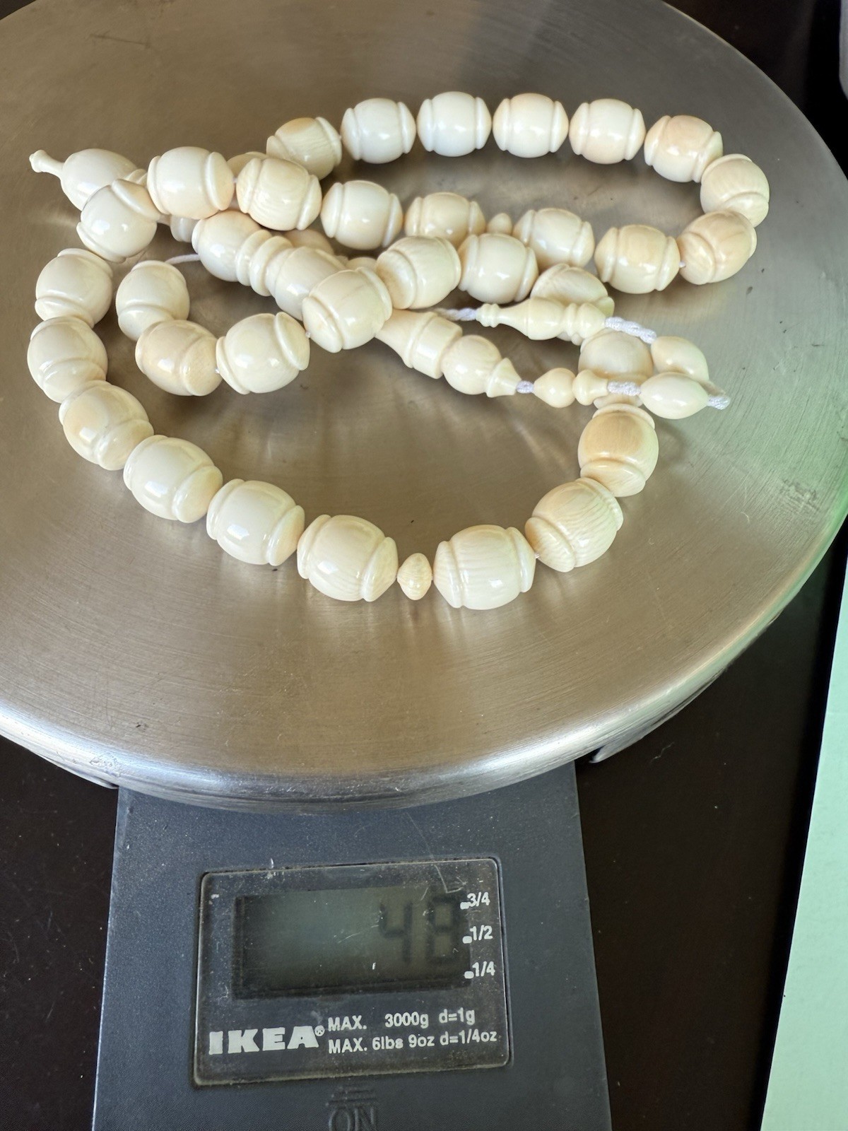 Antique Old Hand Made Carved Natural White Islamic 33 Prayer Beads 48g Silver R3