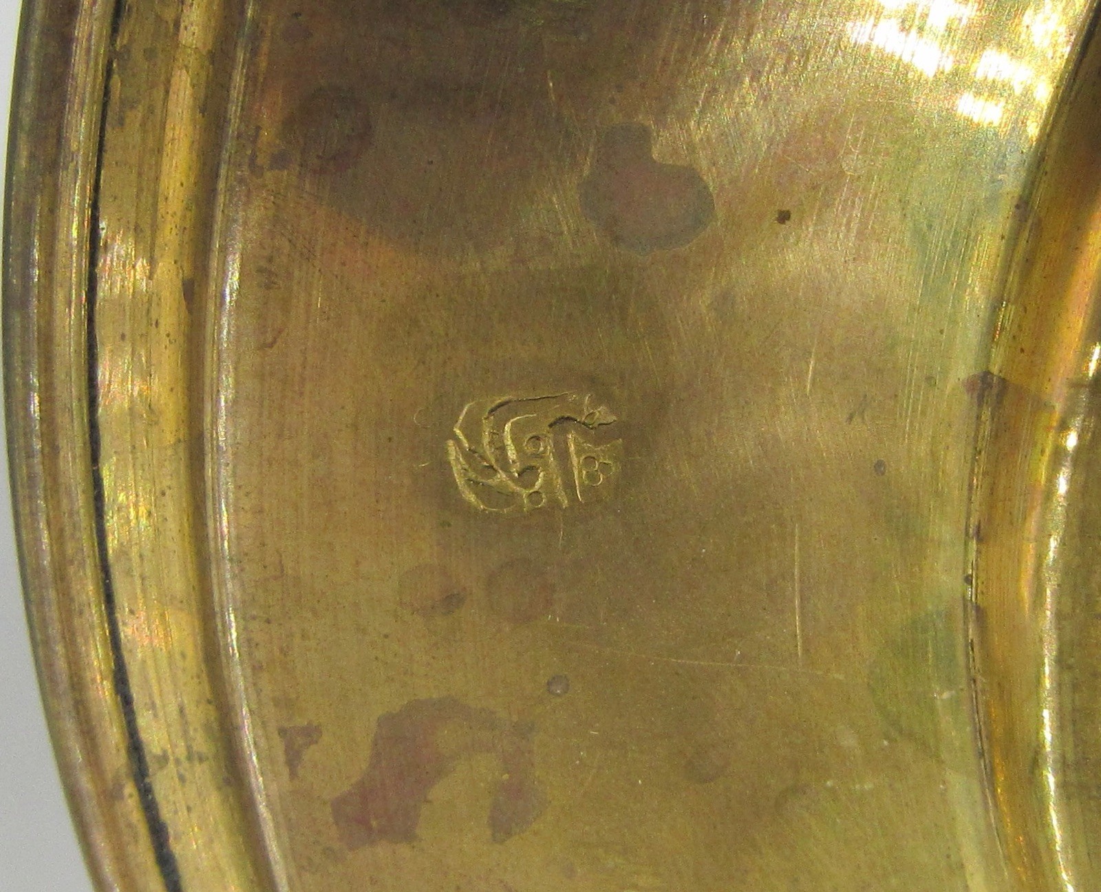 Ornately engraved brass plate with Arabic hallmark Islamic 6 3/8″