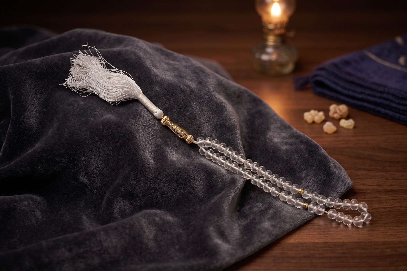 Clear Crystal Style Misbaha Prayer Beads with White Tassel Gold Tone Acce
