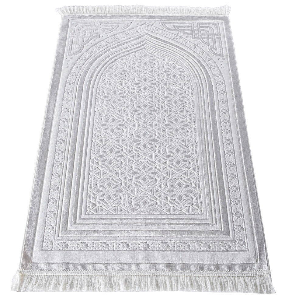 Turkish Islamic Velvet Prayer Rug Sajadah Najma Luxury Plush Janamaz White