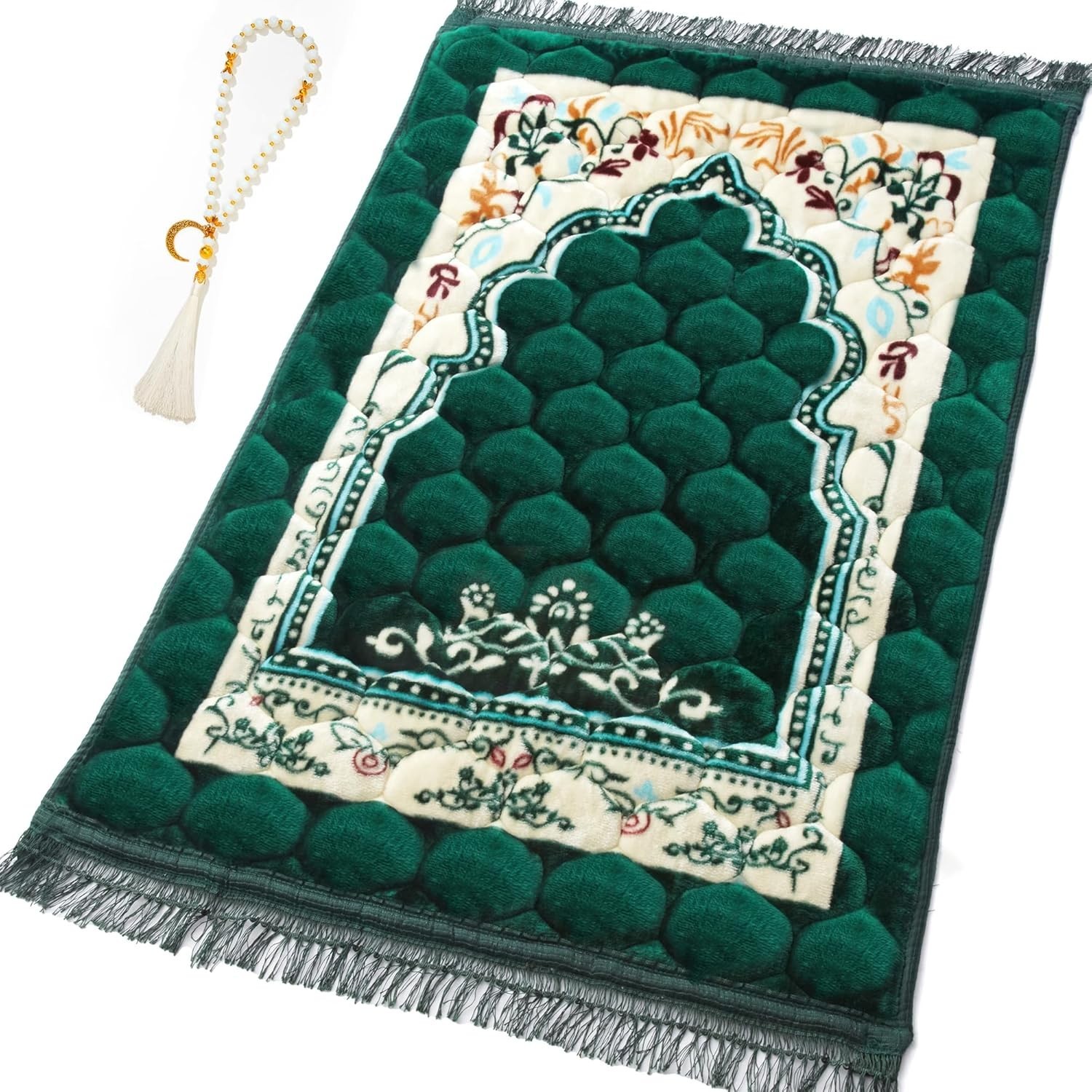 Comfortable Foldable Islamic Prayer Rug with Beads – Large Size 31.5″ x 47.2″