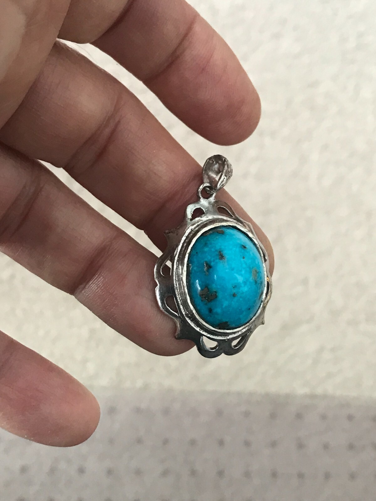 GENUINE LARGE PERSIAN TURQUOISE 925 SILVER FRAME PENDANT الفيروز الفارسي