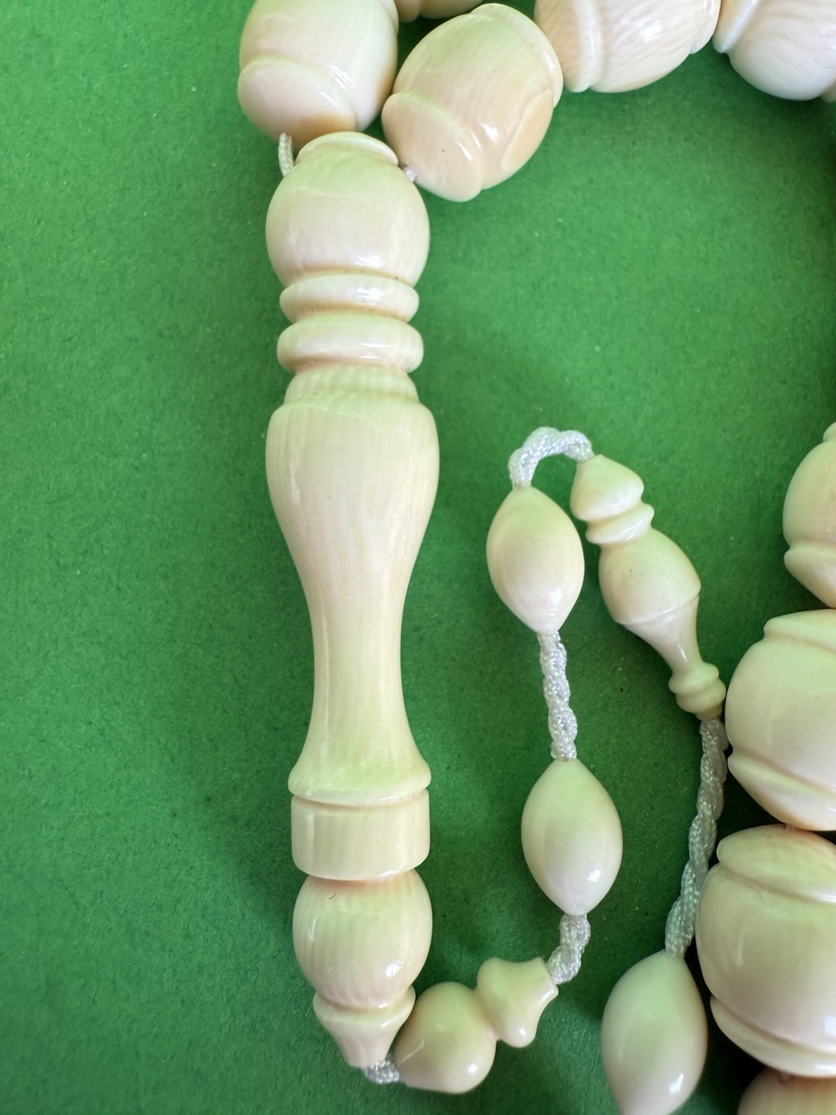 Antique Old Hand Made Carved Natural White Islamic 33 Prayer Beads 48g Silver R3