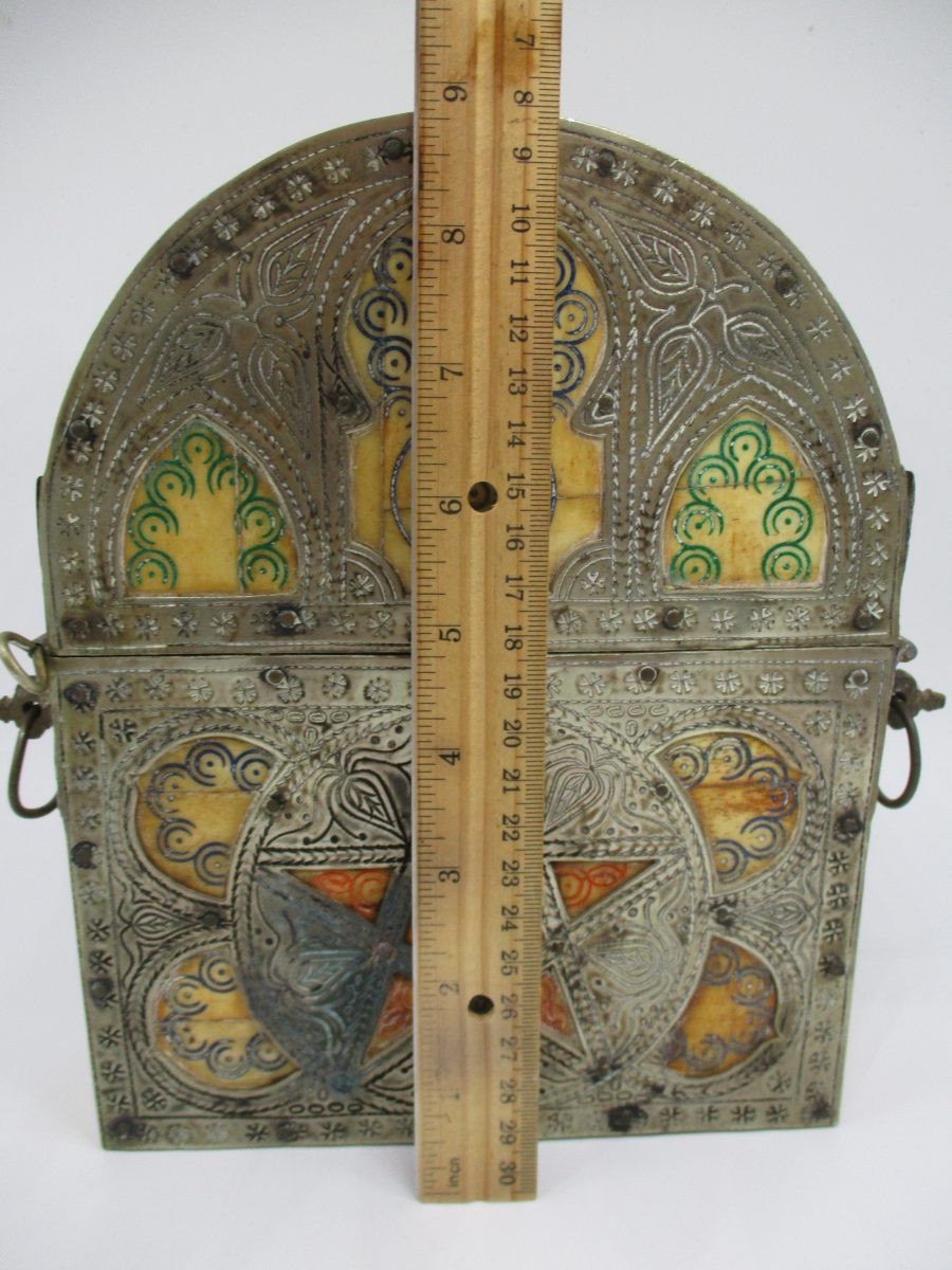 Antique 19th Century Moroccan Camel Bone Brass Berber Book Container Travel Case