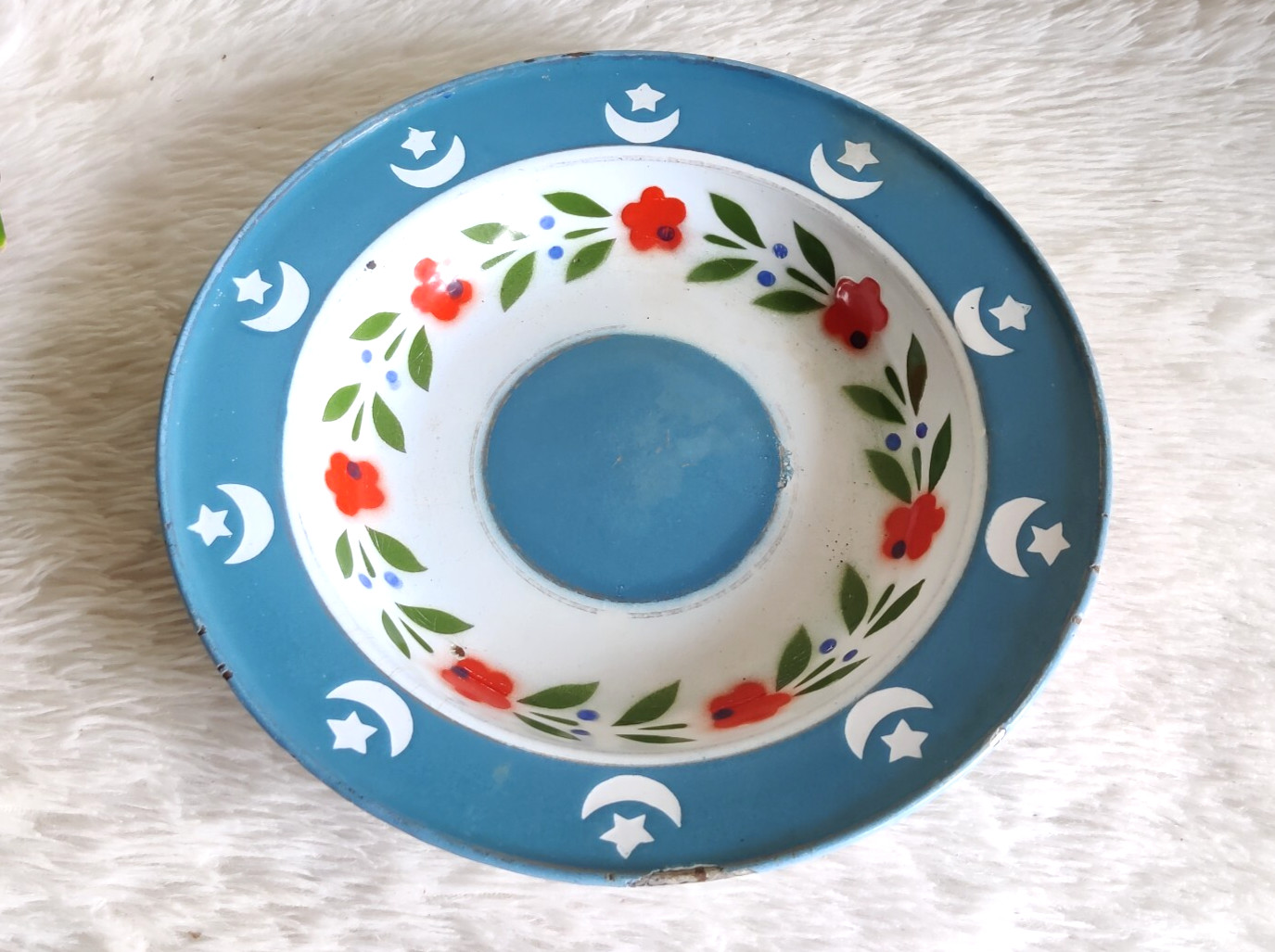 Antique Islamic Enamel Iron Plate Crescent Moon Star Floral Red Flower IE179