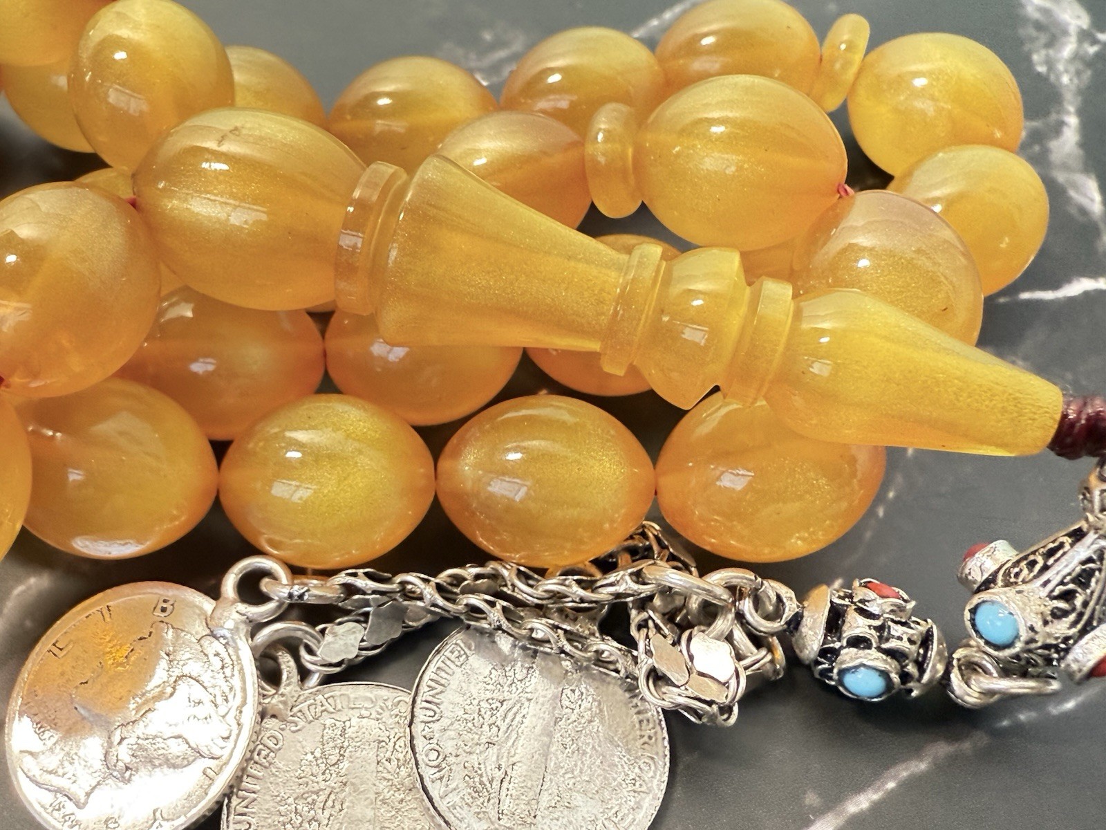 Unique Golden Faturan cherry amber bakelite islamic prayer 33 beads 75 Grams R2