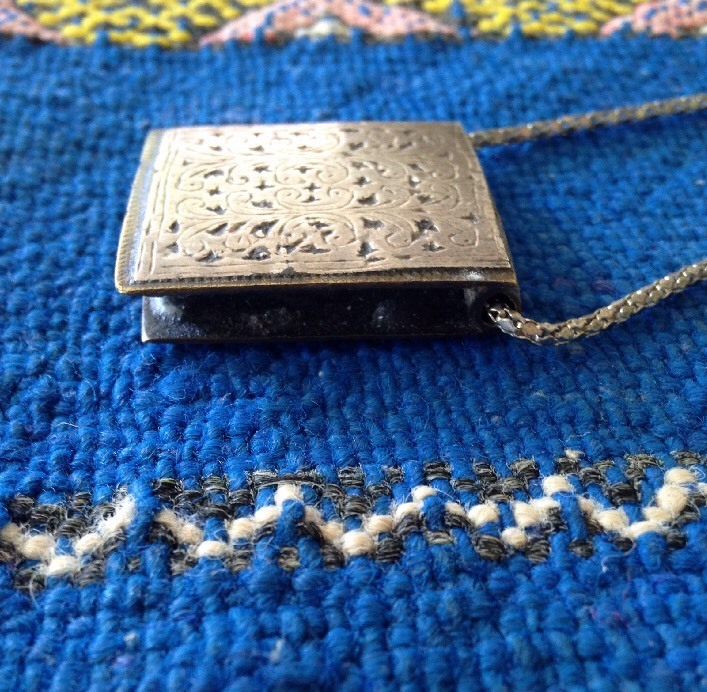 Vintage Koran Box Pendant Amulet Carved Silver & Brass Moroccan Islamic