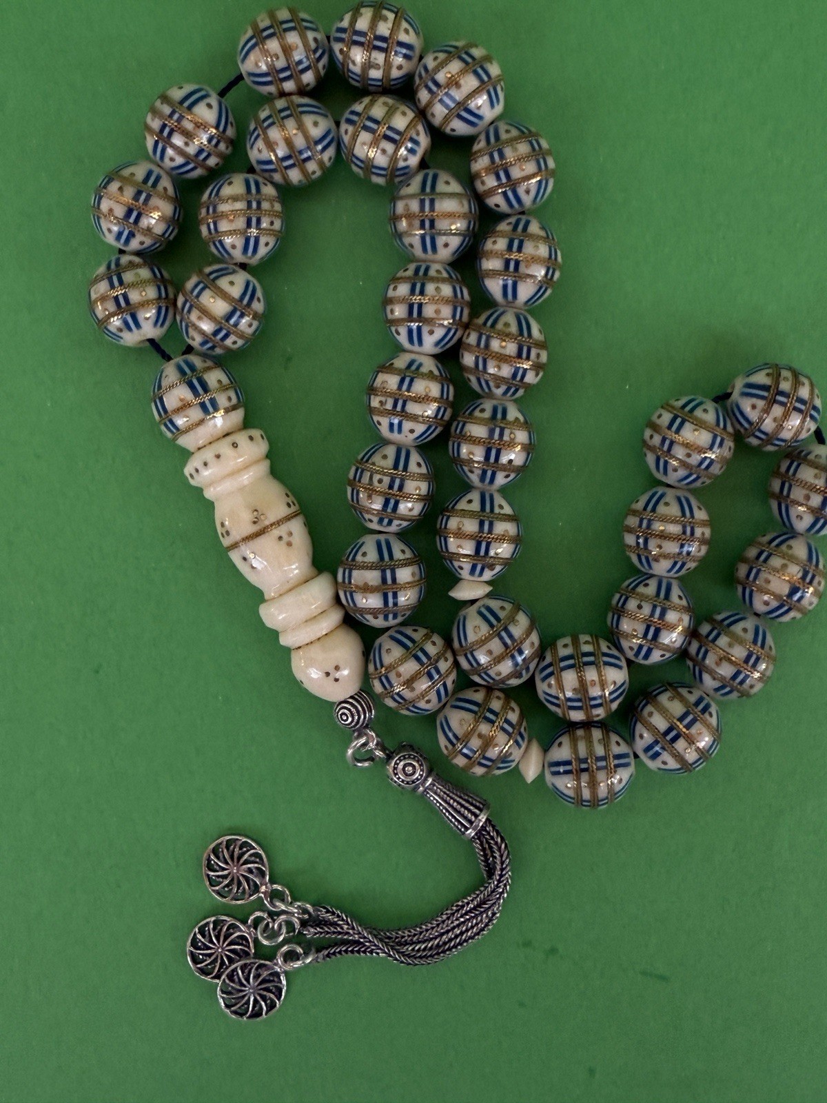 Old Natural White Silver In Lay Engraved 33 Worry Beads Islamic Masbaha 62 g R5