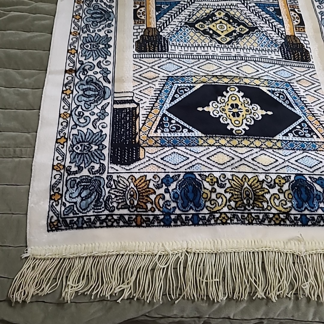Beautiful White Blue Saudi Arabian Islam Prayer Rug Tapestry Decor 47″X24.5″