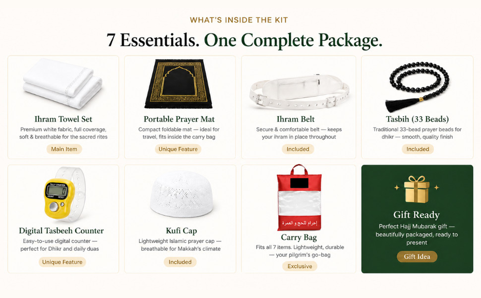 Ihram Set for Hajj and Umrah with All Accessories – Complete Muslim Pilgrim Kit