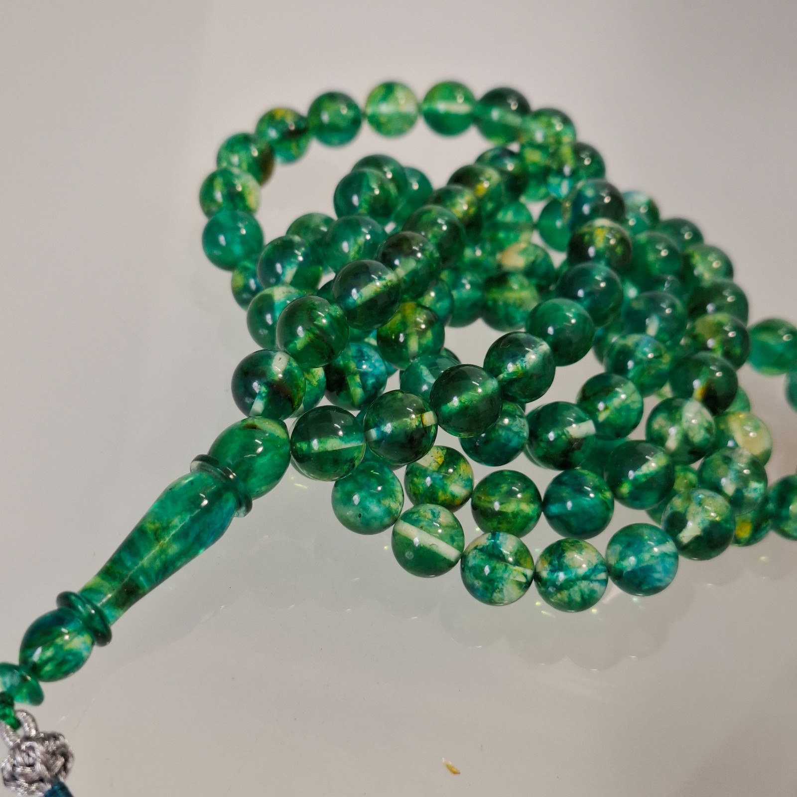Amber Rosary – 99 sphere Beads, 8.7 mm, Green Amber Rosary 38gram Pressed amber