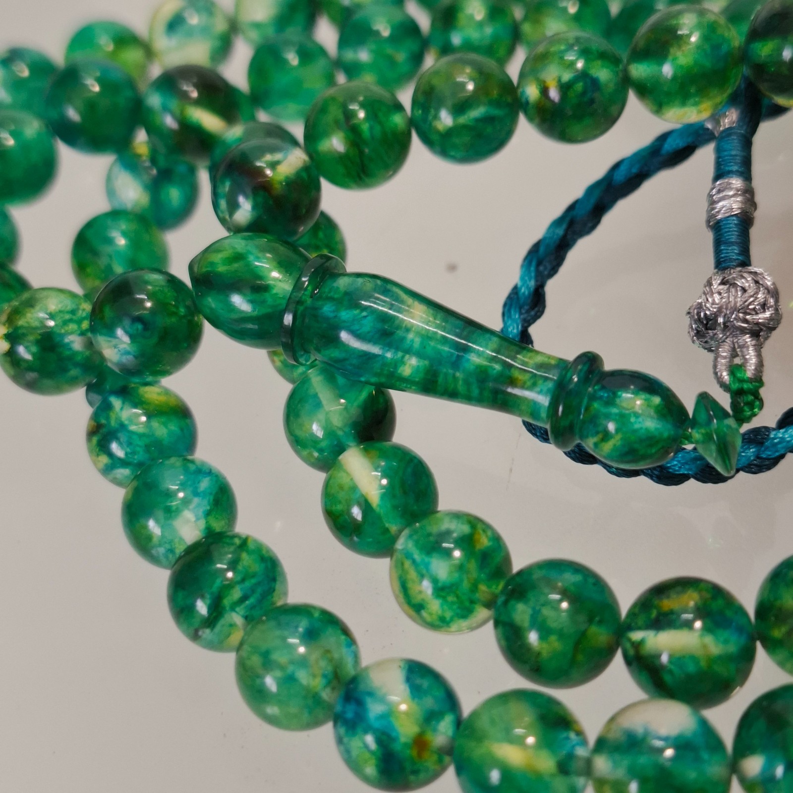 Amber Rosary – 99 sphere Beads, 8.7 mm, Green Amber Rosary 38gram Pressed amber