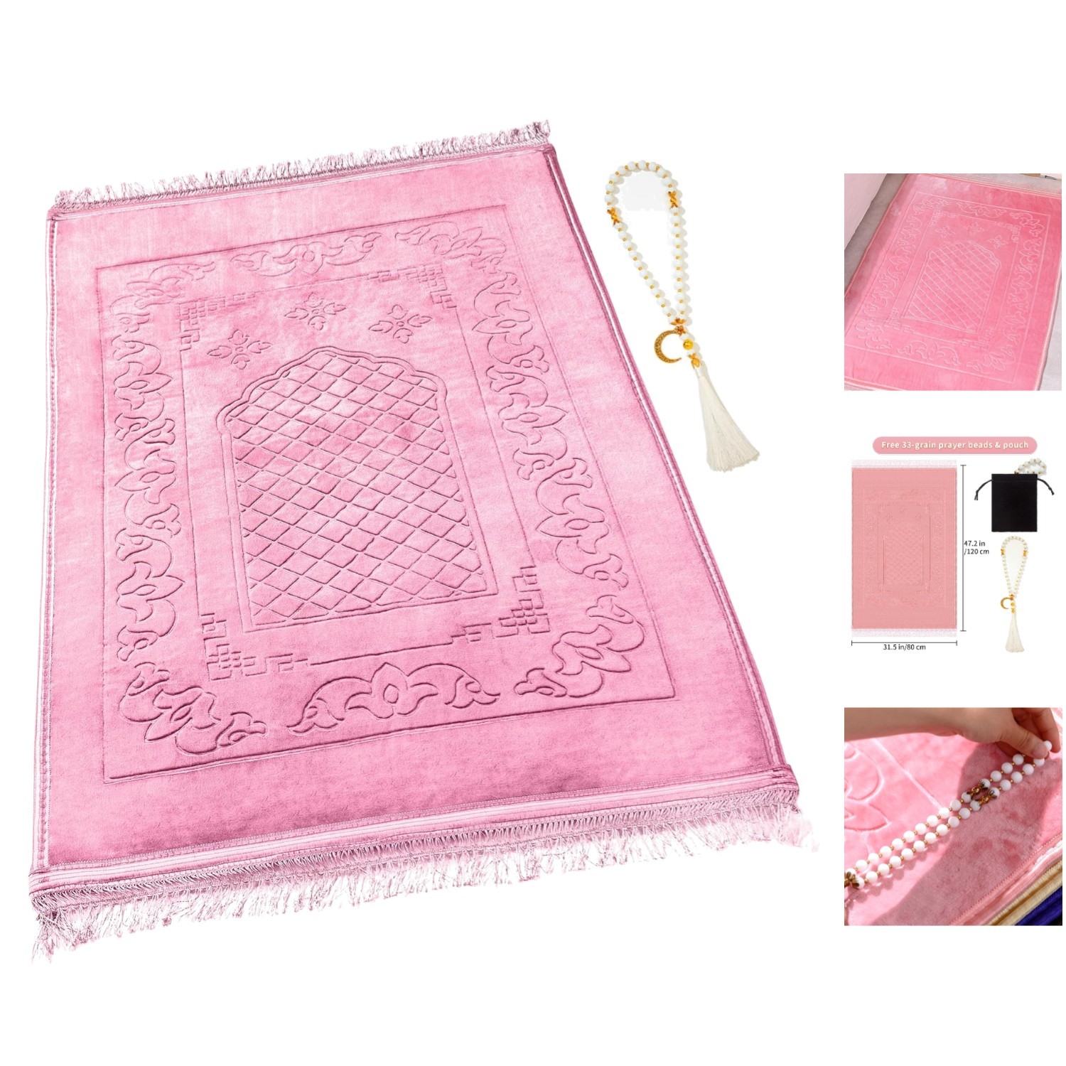 Elegant Floral Islamic Prayer Mat – Large Soft Velvet Janamaz with Tasbih Set