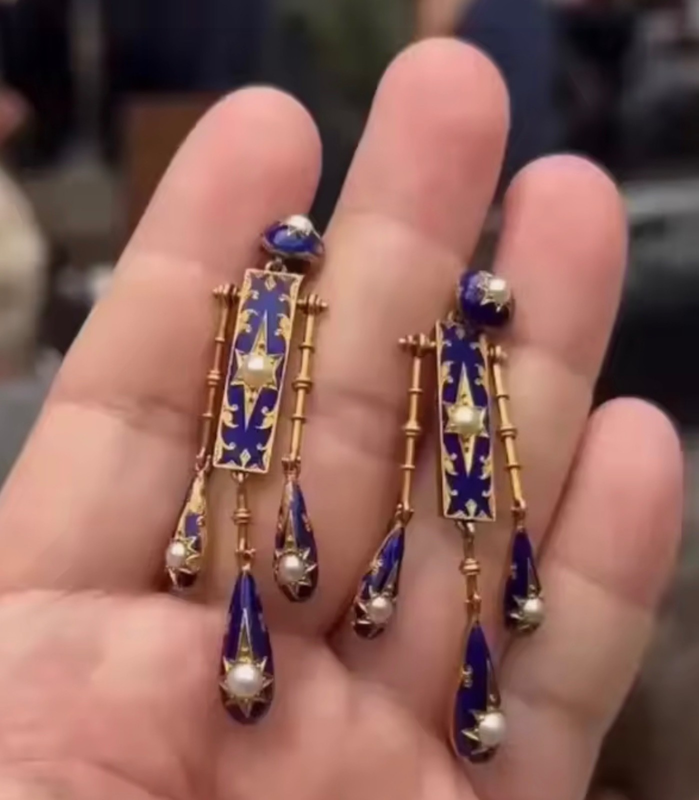 Handmade Byzantine Inspired Cobalt Enamel Faux Pearl Long Dangle Earrings woman
