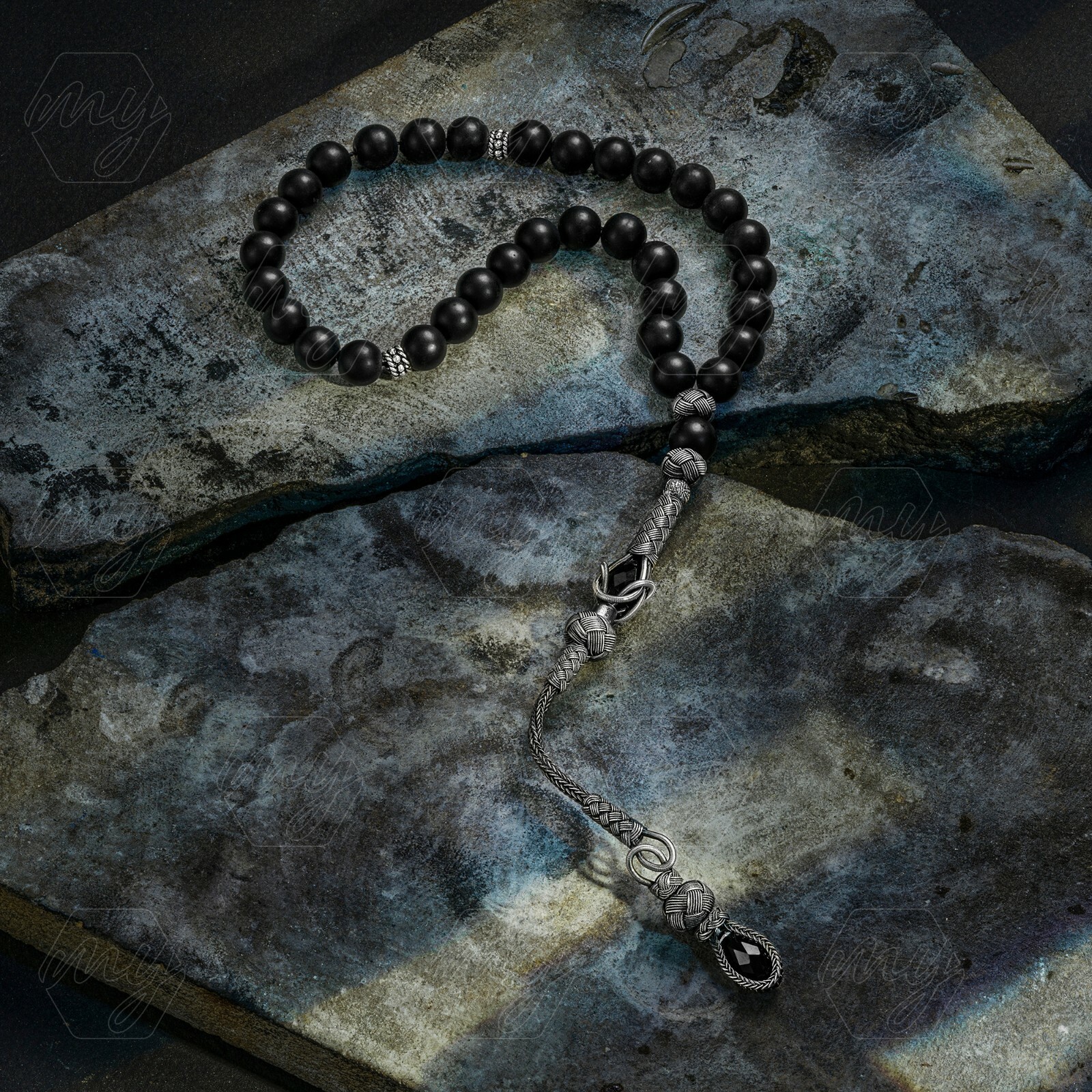 1000 Ct Silver Turkish Kazaz Matte Onyx Islamic 33 Prayer Beads Tasbeeh Rosary