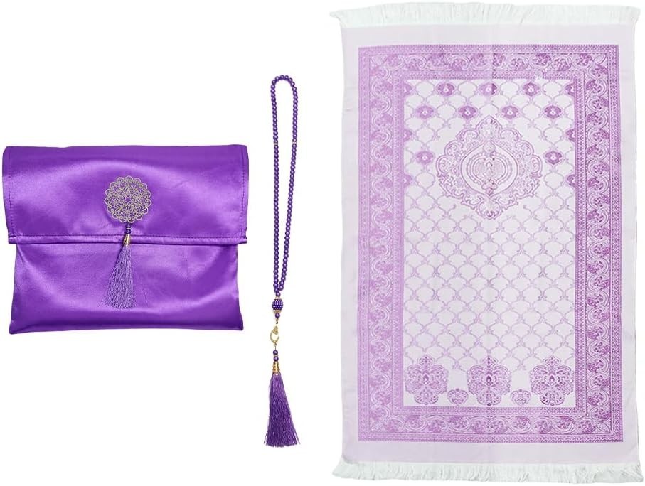 Muslim Prayer Mat Rug Set w/ Beads & Fabric Bag Foldable Islamic Purple 110x70CM