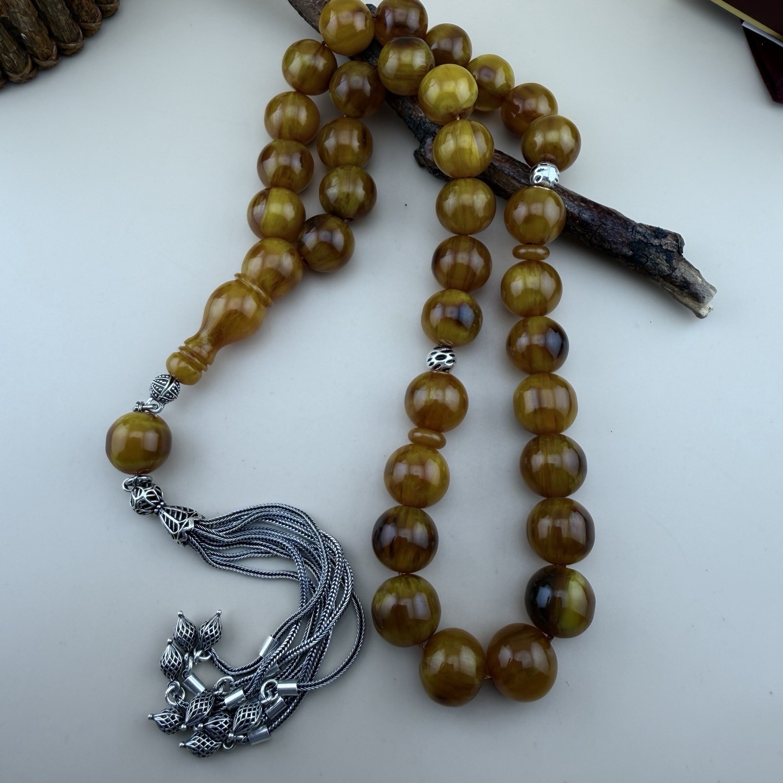 Old Misky 33Bead Islamic Tasbih Sterling Silver Tasselمسباح مسبحة مسكي شرابة فضة