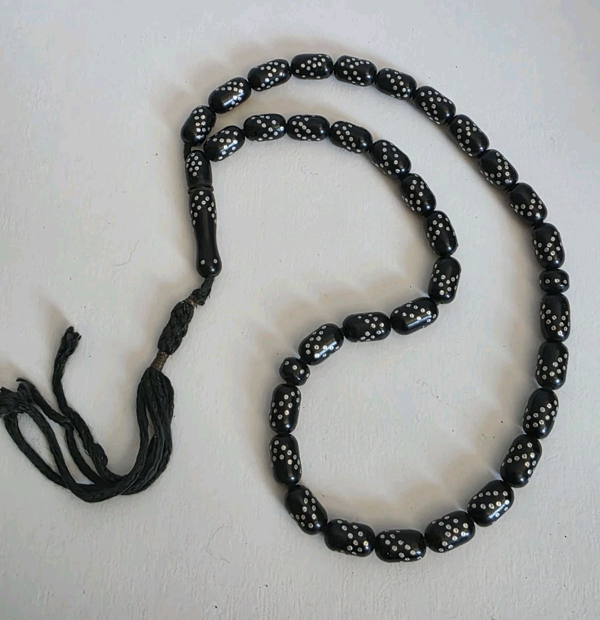 Antique Black Coral Yusr 33 Islamic Prayer Beads Misbah Tasbih Inlaid Silver 925