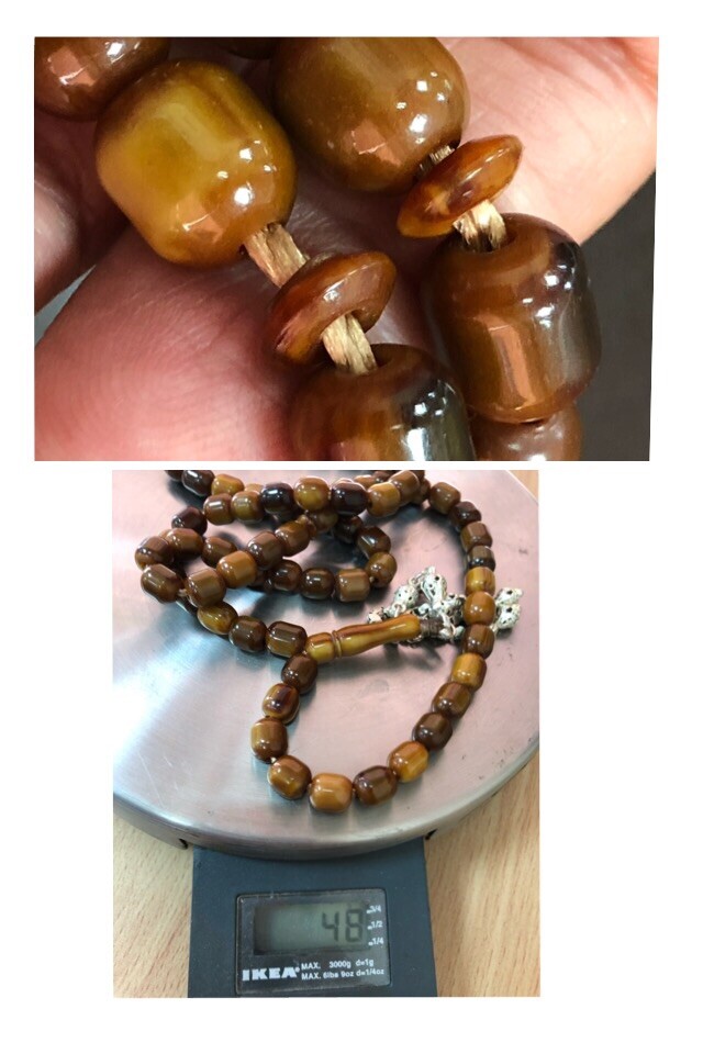Antique Old Brown Damari Amber bakelite islamic Worry prayer 67 beads 48 Grams