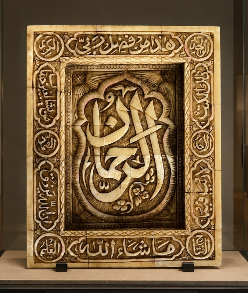 Islamic handmade Mughal style natural camel bone Panel inscribed Quran verses