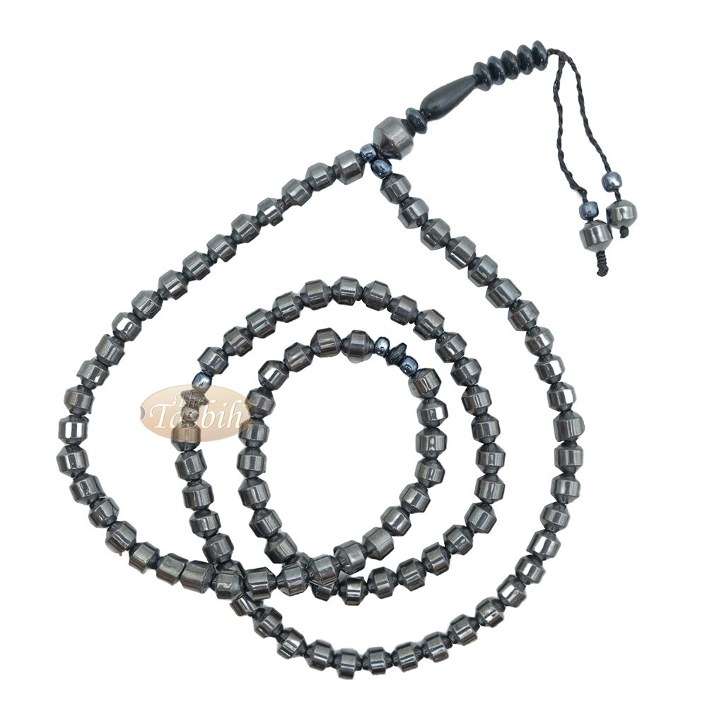 Small 6mm Hematite Barrel 99-Bead Prayer Dhikr Tasbih Saucer Divider 3mm Accent