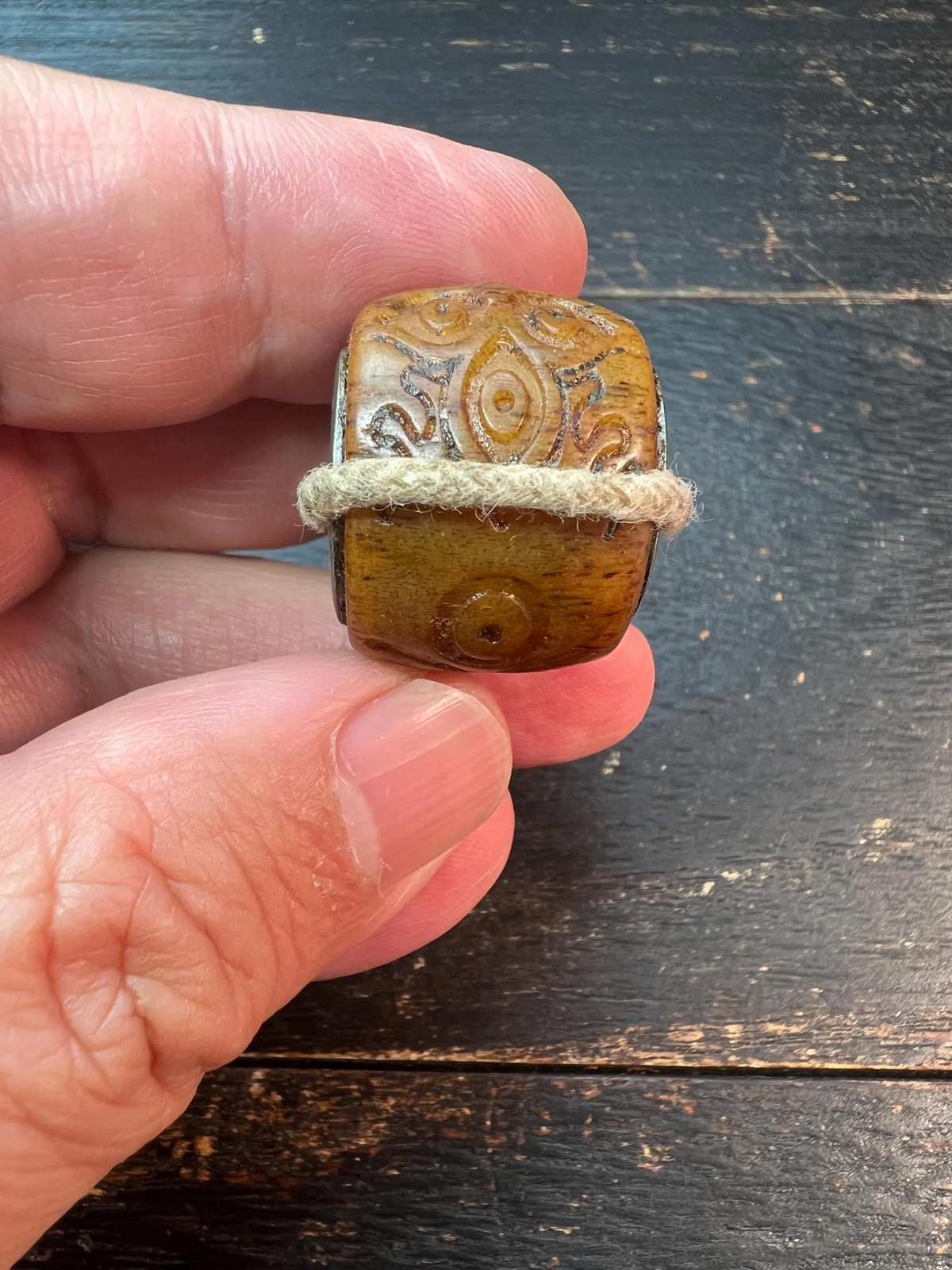 Hand-Carved Tibetan Yak Bone Guru Bead with Citipati Protector & (Om) Mantra –