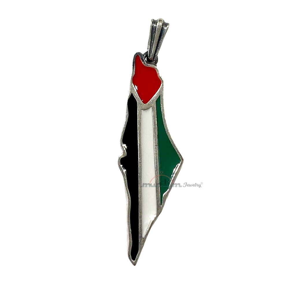 Palestine Map Pendant -Sterling Silver Enamel Engraved City Names on Back