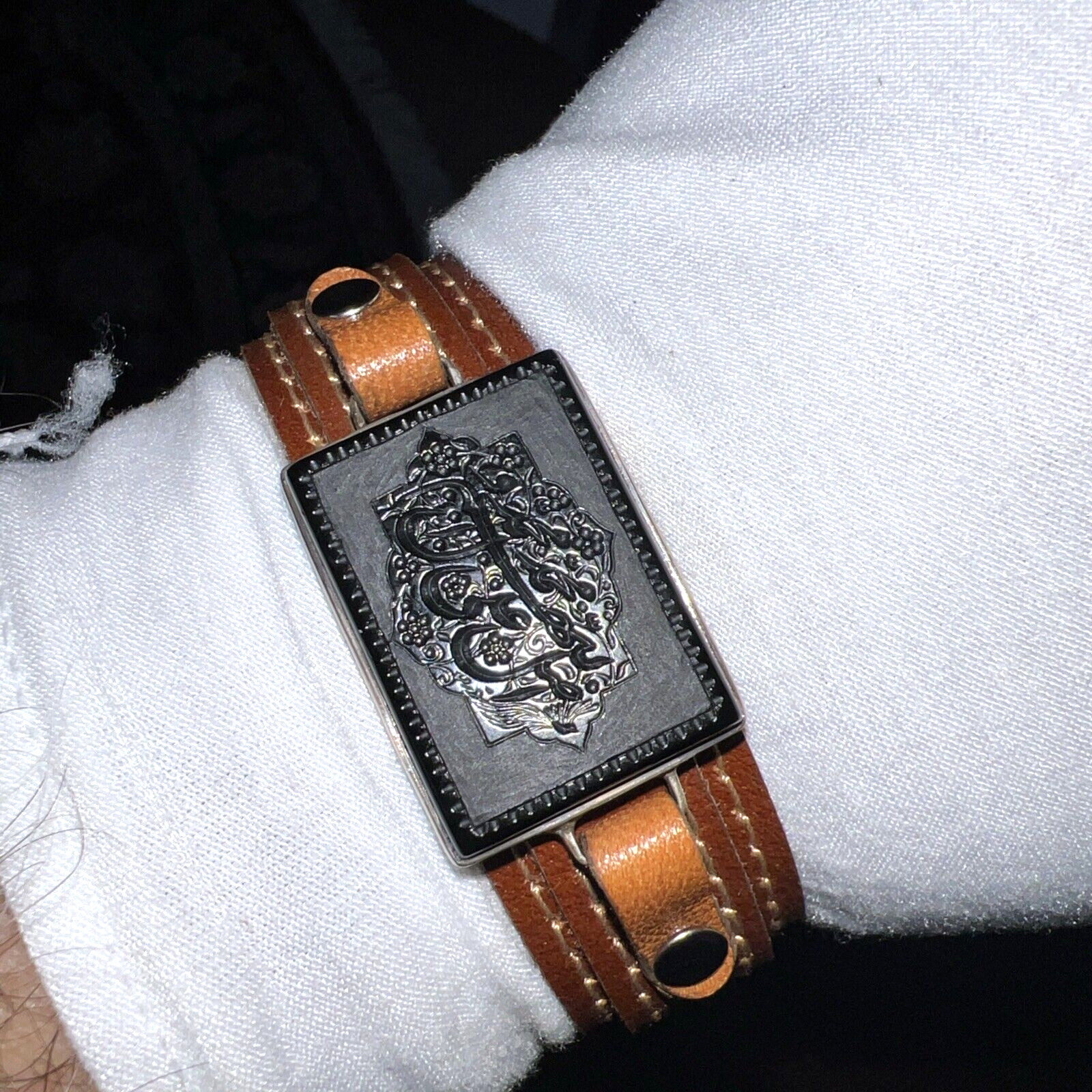 BROWN LEATHER Bracelet Men’s/ Women’s Wristband ENGRAVED AQEEQ SILVER FRAME