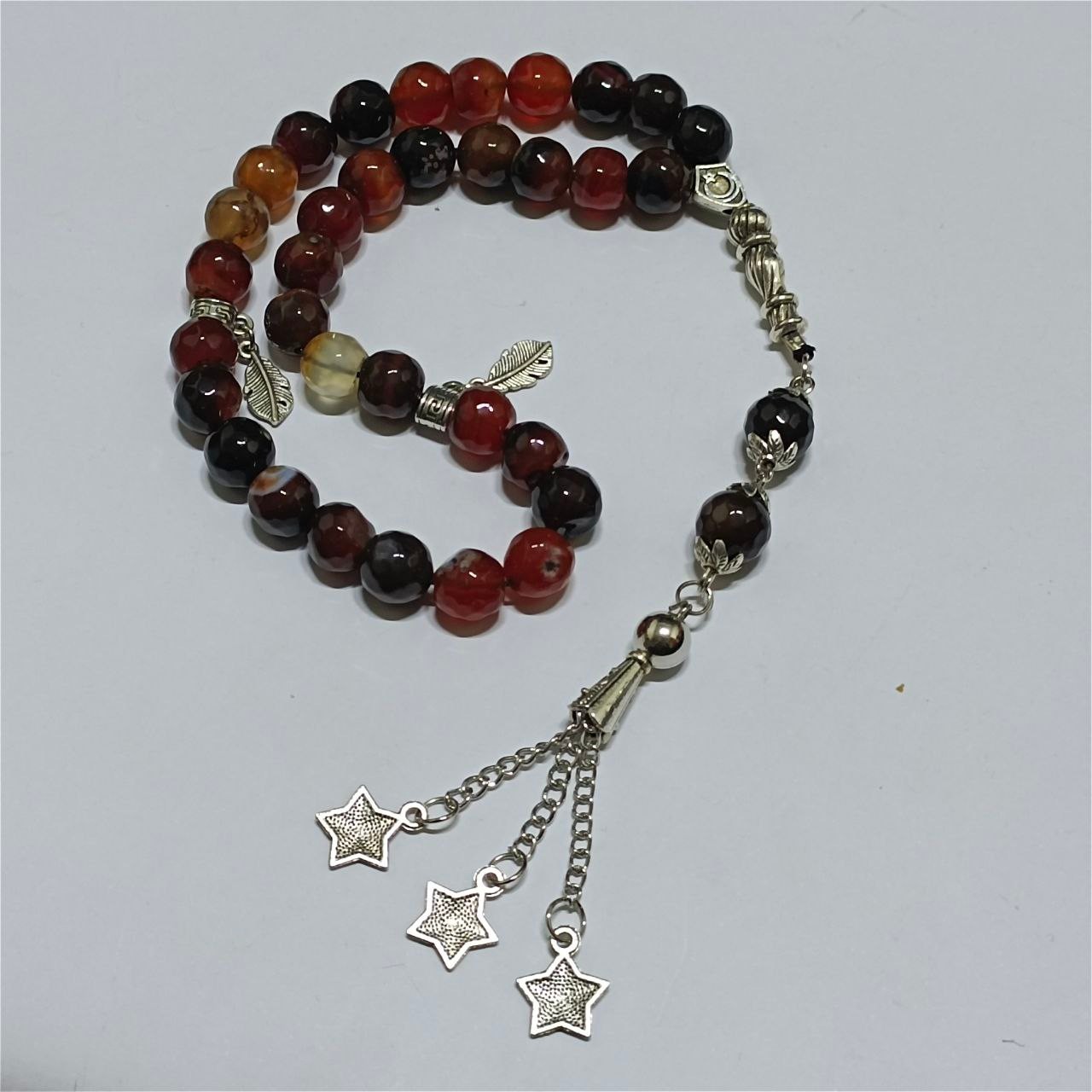 33 bead brown agate tasbih, handcrafted, silver details, Egyptian prayer beads