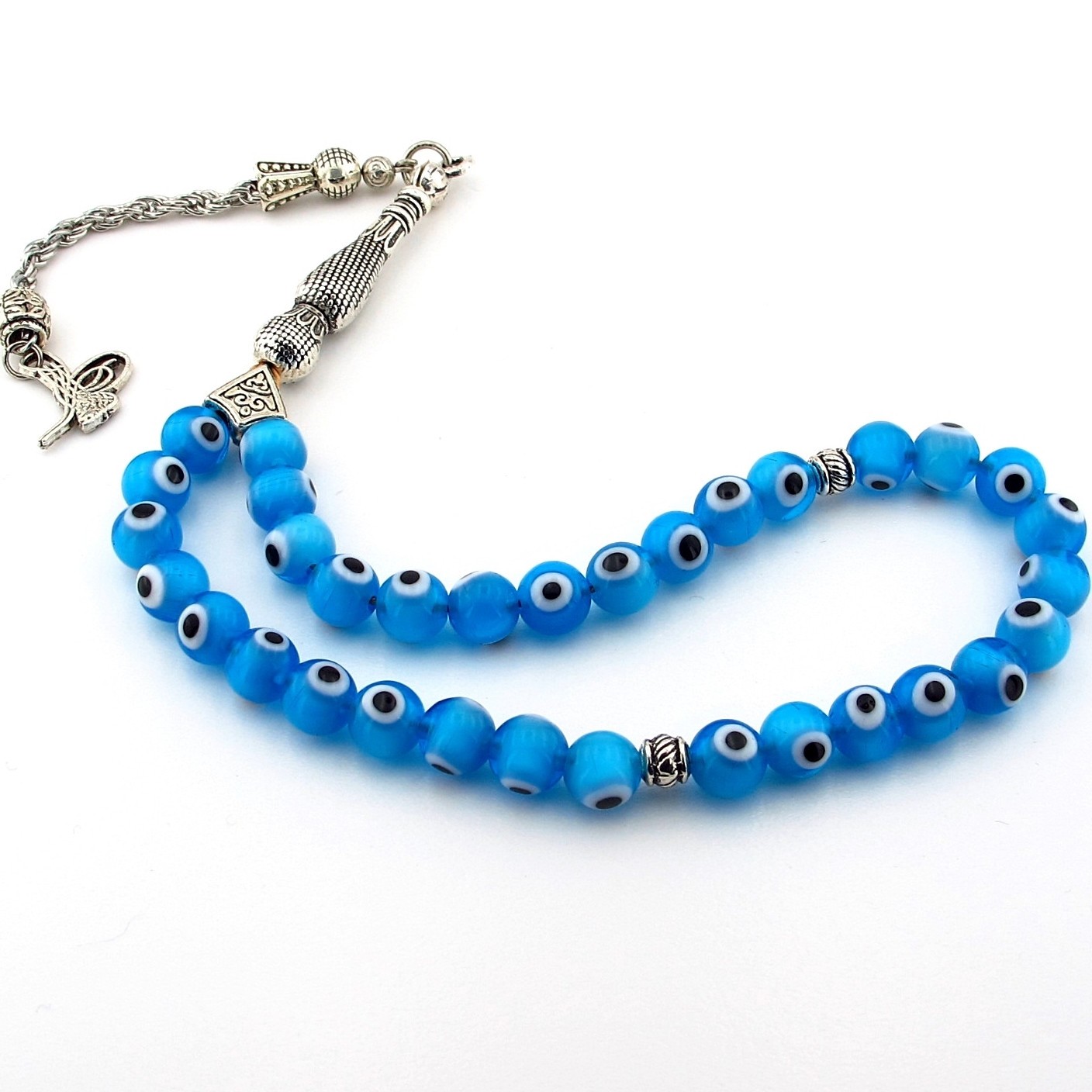 Islamic Blue Glass Evil Eye Prayer Beads 33 Tasbih Misbaha Nazar Ottoman TSX01