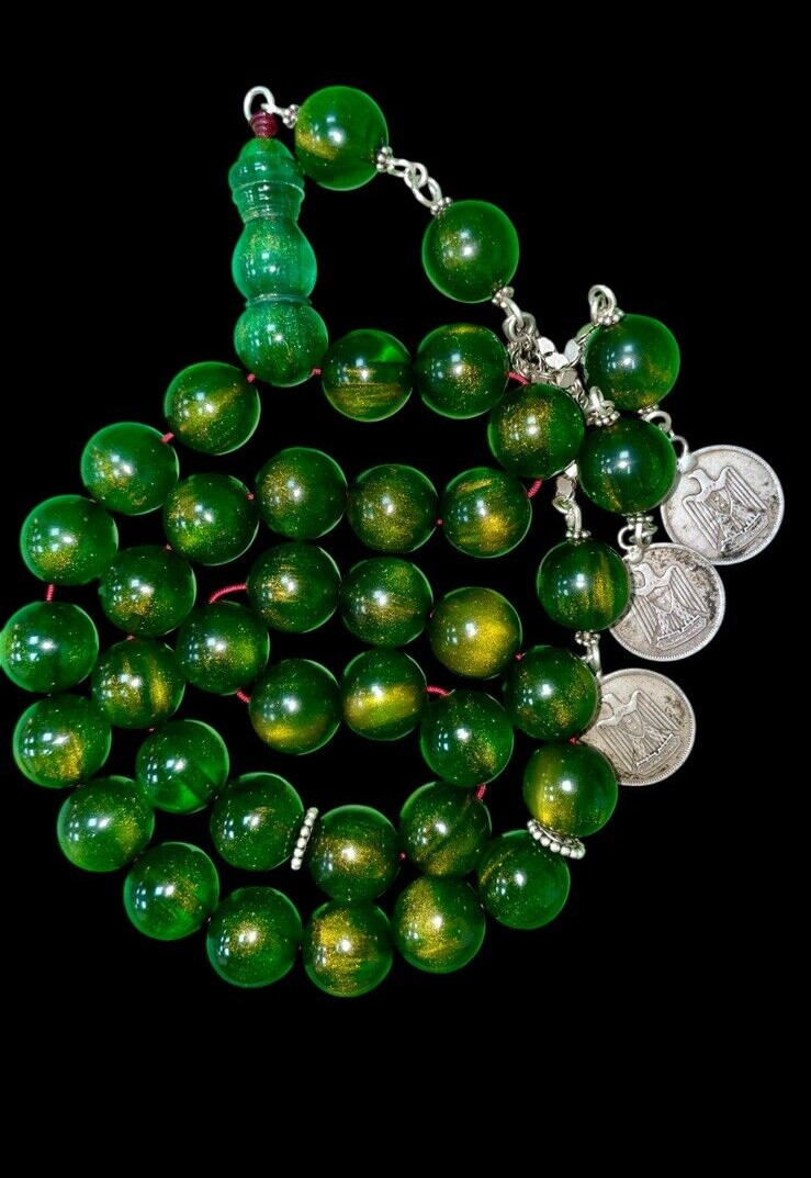 Antique Old Stardust Green Amber bakelite islamic Worry prayer 33 beads 105g R8