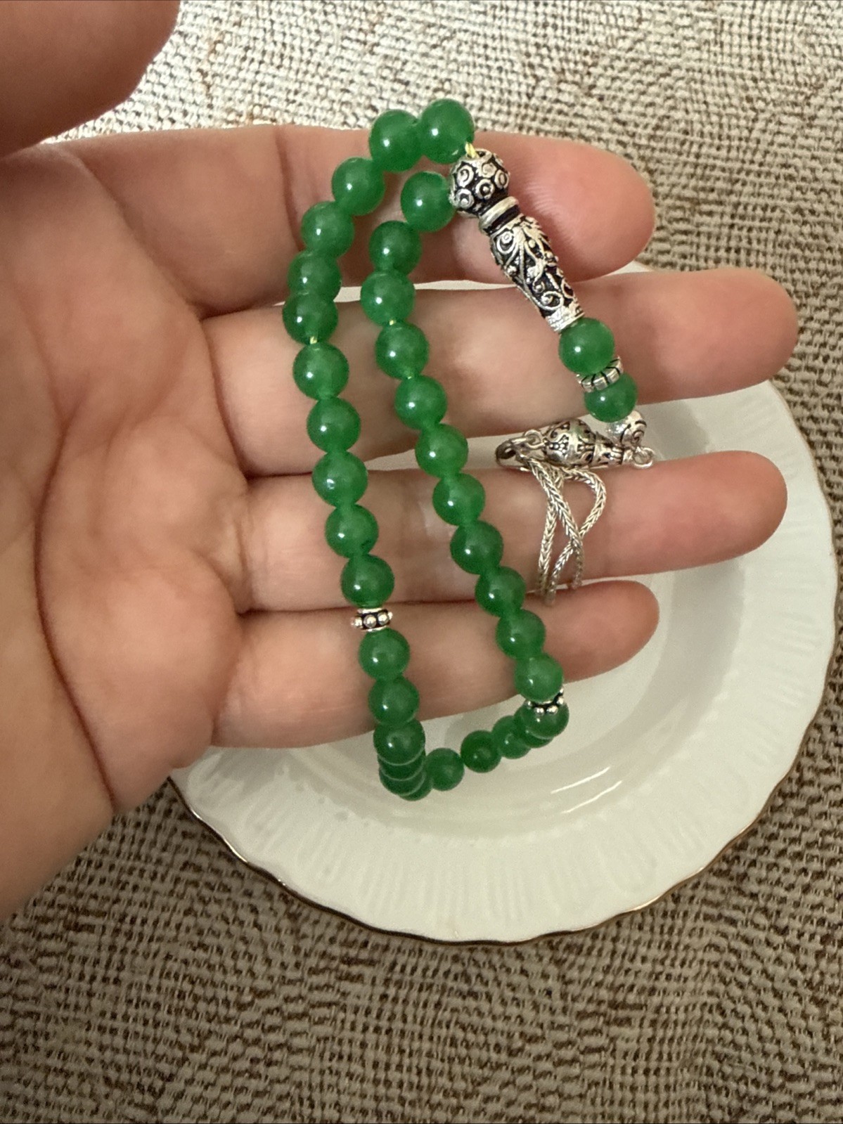 Green Agate Tesbih With Silver Tassel