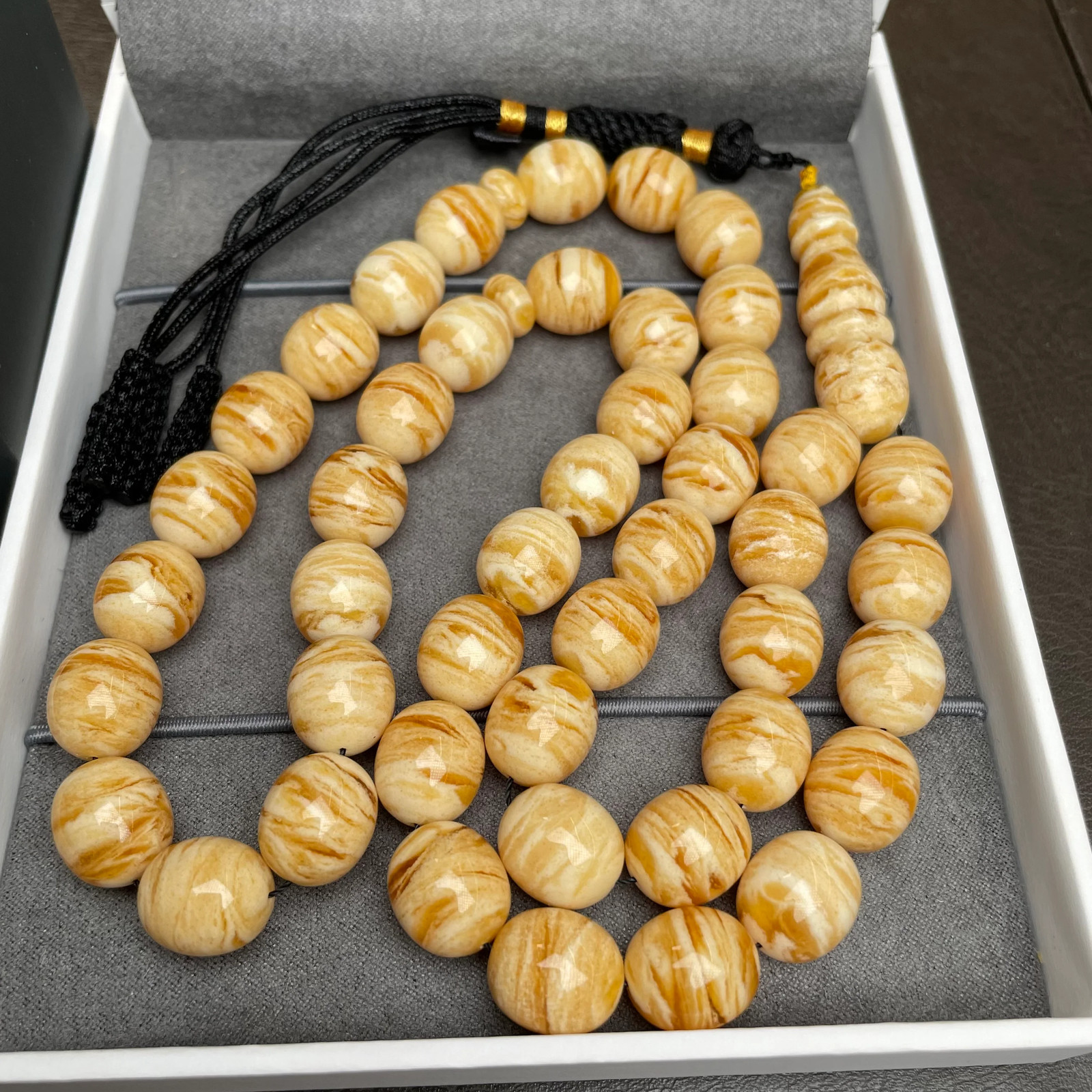 Handmade Tiger Amber Misbaha 12x13mm 57.30g 45 beads LAB certificate