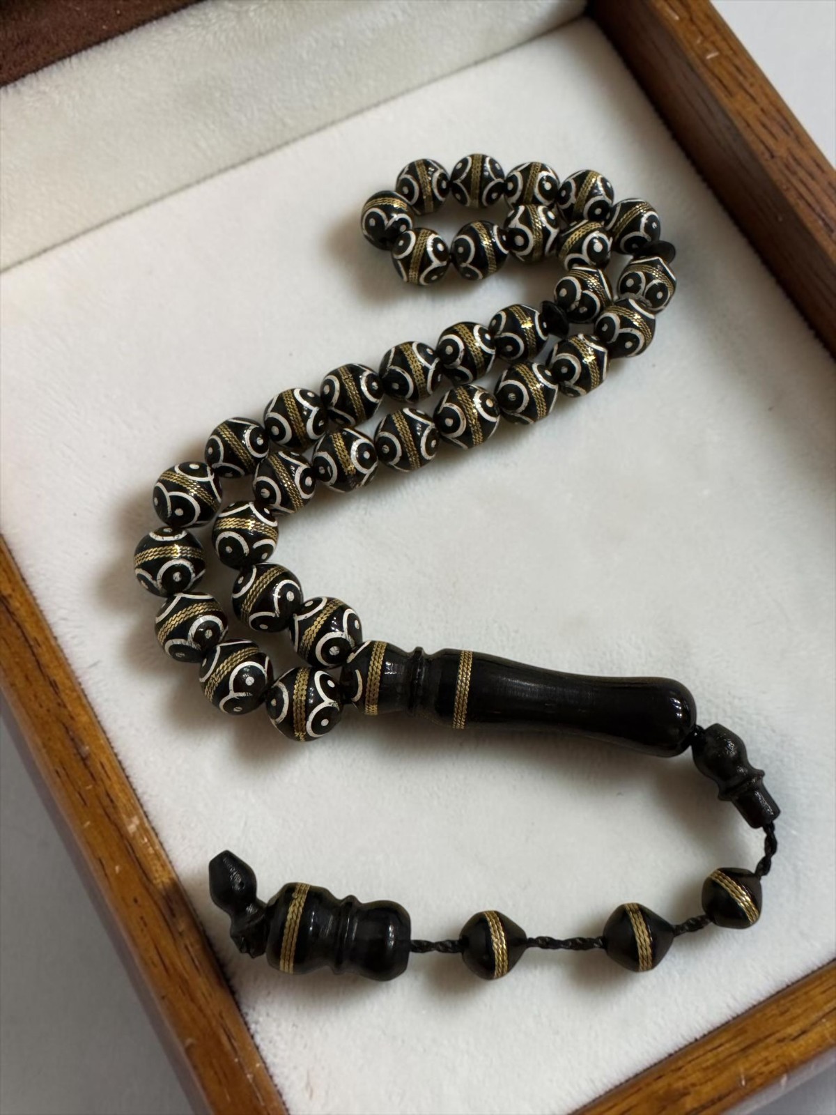 Hand Engraved Kuka Wood Prayer Beads Misbaha Tasbih Brass Wire Inlaid Round Fine