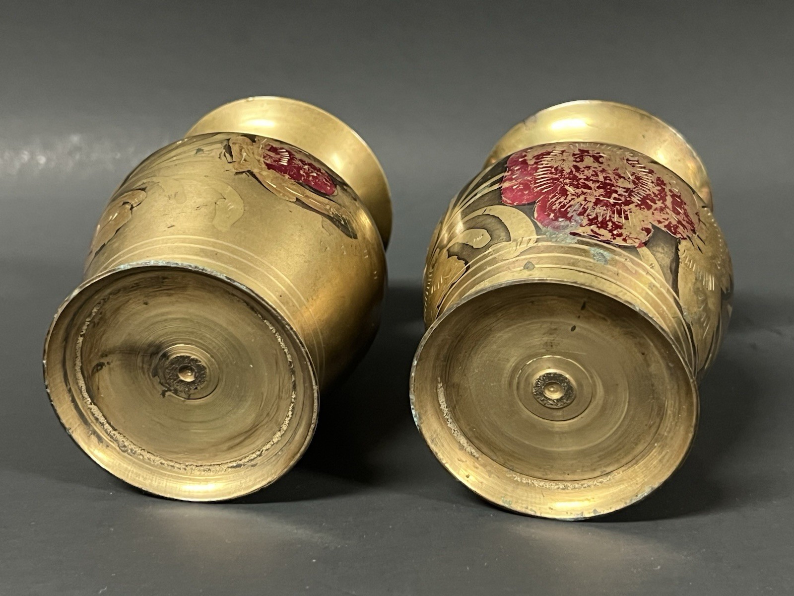 Pair of Vintage Beautiful Handmade Islamic Brass Vases Etched with Floral Design