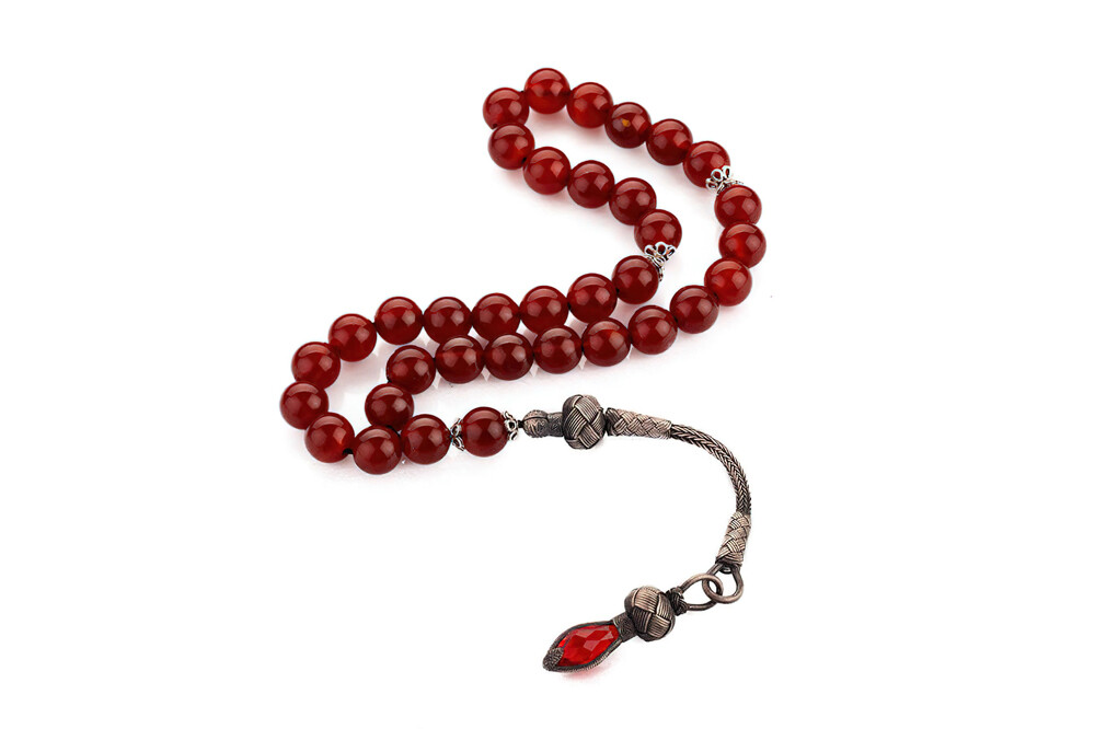 Red Agate Islamic Prayer 35 Beads Sphere Cut 1000 Silver Tassel Misbaha Handmade