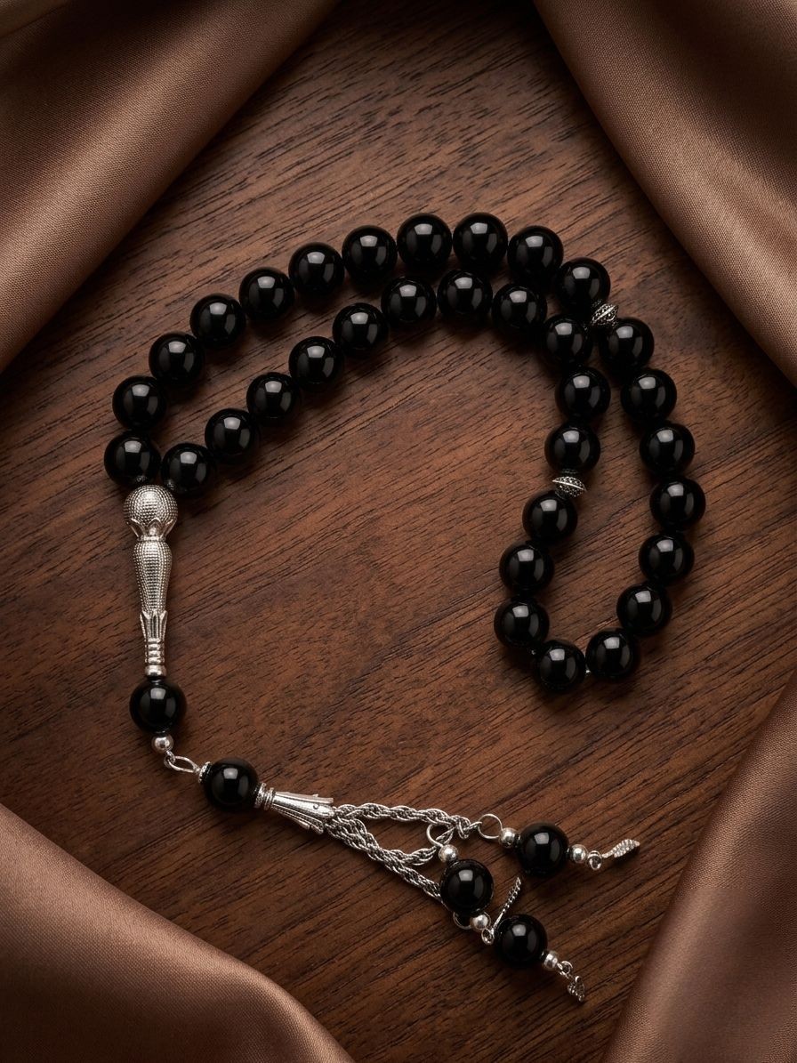 Luxurious Black Onyx Tasbih – 33 Natural Stone Prayer Beads – Islamic Misbaha –
