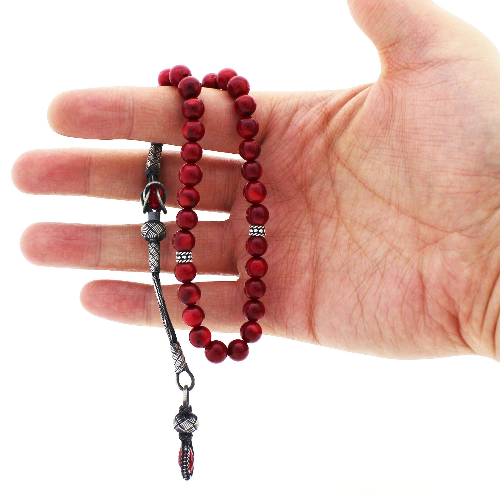 1000 Ct Silver Turkish Kazaz Coral Stone Islamic 33 Prayer Beads Tasbeeh Rosary