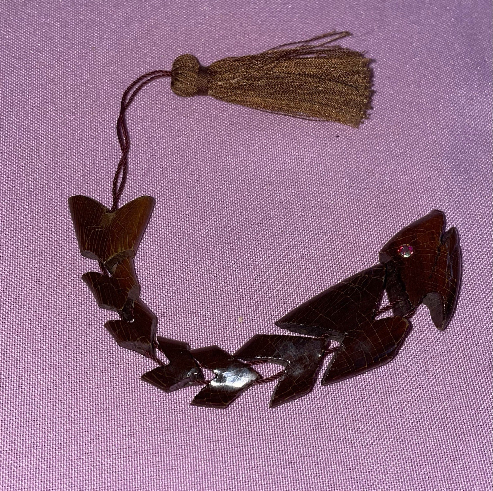 Vintage Wood Carved Fish w/ Glass Eyes Greek Worry Mediation Beads w/Tassle
