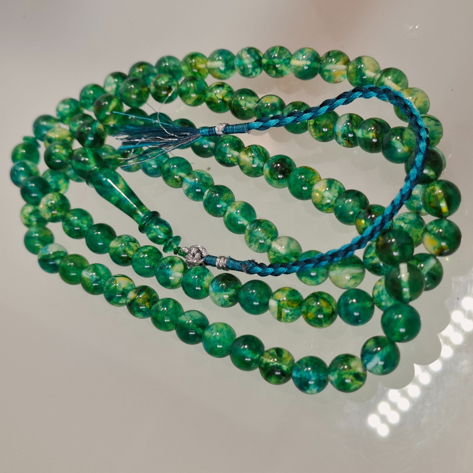 Amber Rosary – 99 sphere Beads, 8.7 mm, Green Amber Rosary 38gram Pressed amber