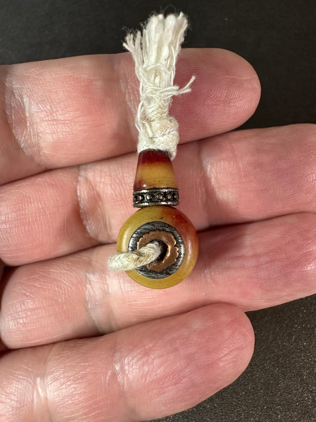 Hand-Carved Tibetan Camel Bone Guru Bead with Inlaid Mantra Dots, Silver Accent