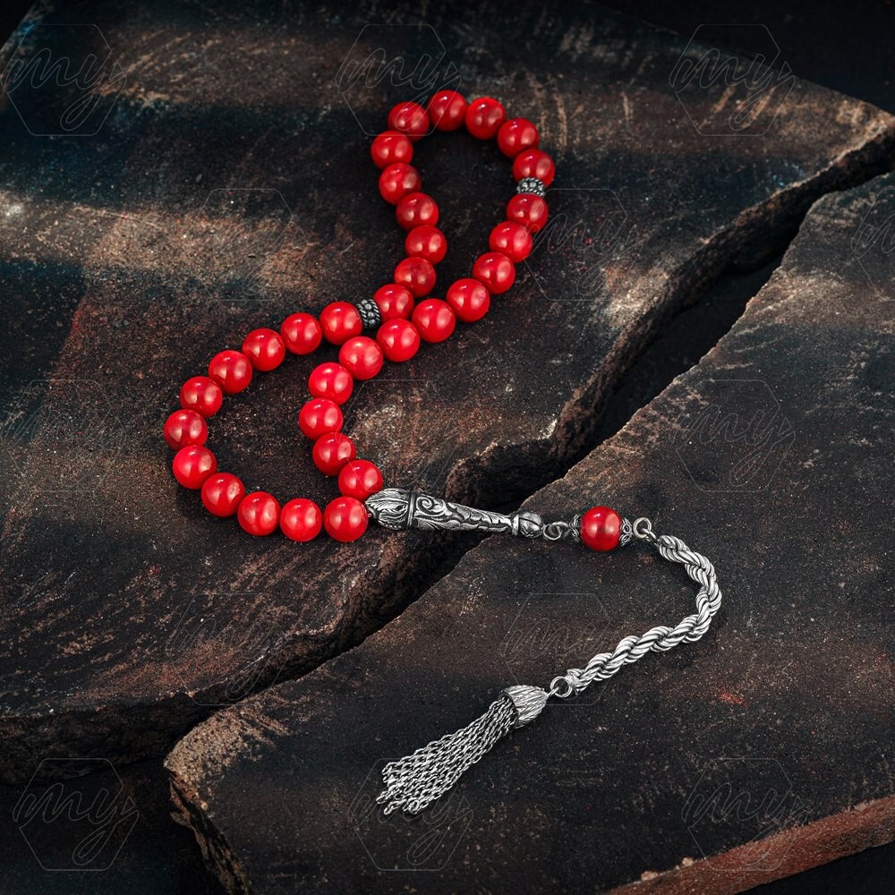 925 Sterling Silver Tassel Coral Stones Islamic 33 Prayer Beads Tasbeeh Misbaha