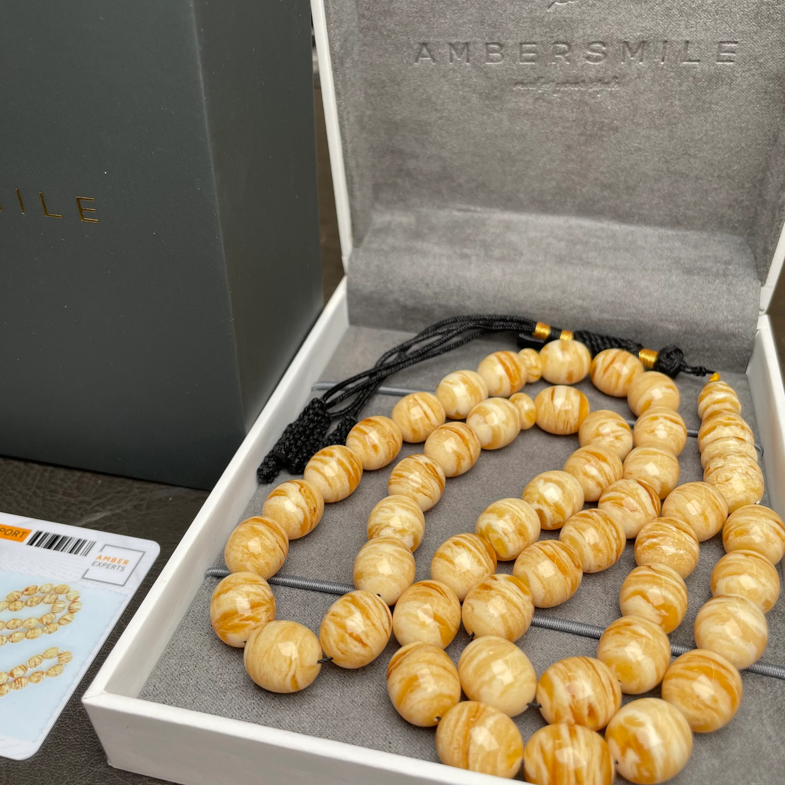 Handmade Tiger Amber Misbaha 12x13mm 57.30g 45 beads LAB certificate