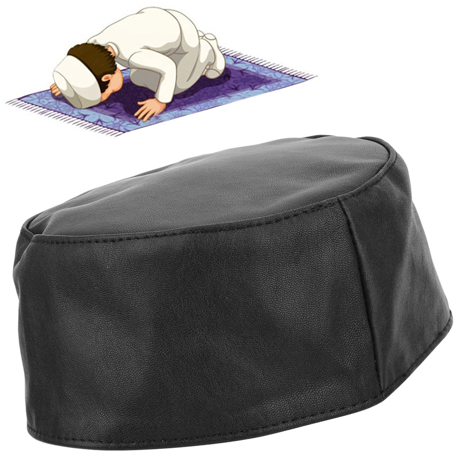 Black Goat Leather Muslim Prayer Hat Kufi Cap 57cm