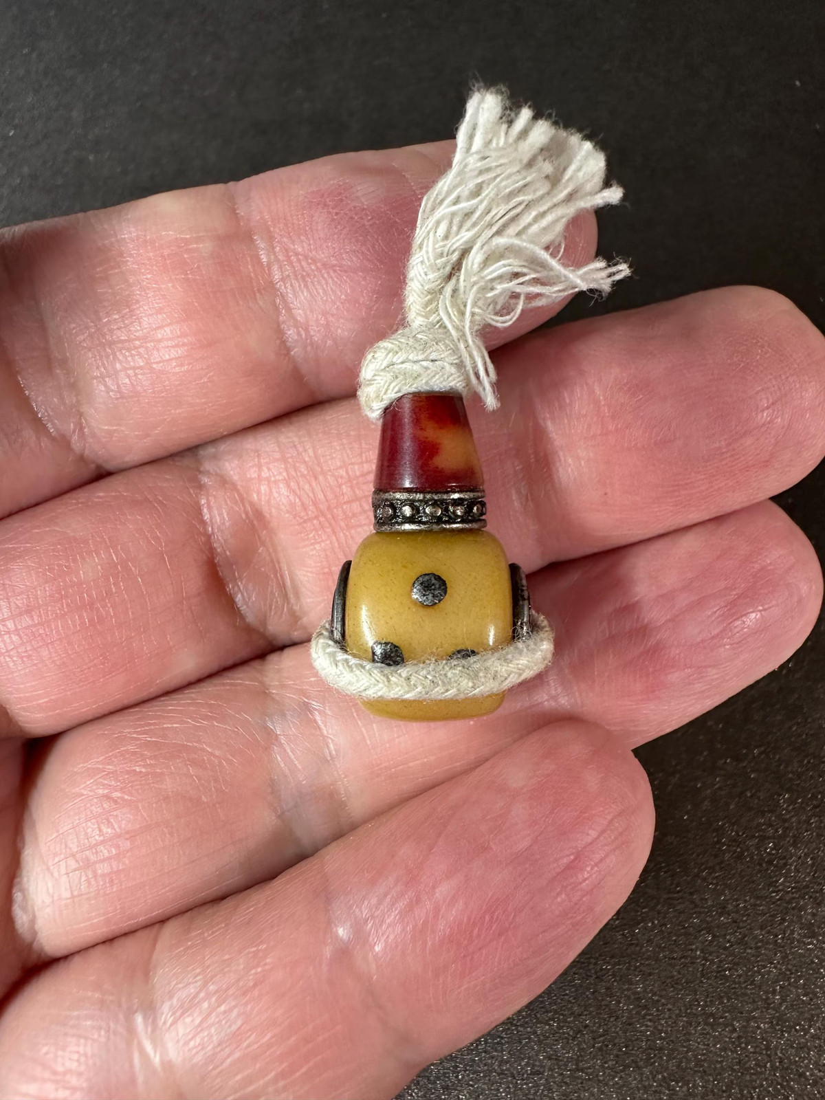 Hand-Carved Tibetan Camel Bone Guru Bead with Inlaid Mantra Dots, Silver Accent